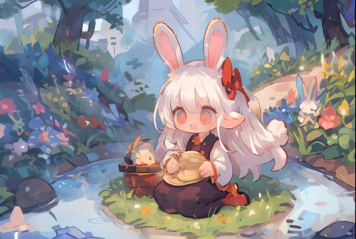 (solo:1.6),1girl\((3D Art:2.0),(Chibi:1.8),cute,kawaii,small kid,(white hair:2.0),(long hair:1.6),(rabbit ear:2.0),(rabbit ear is white:2.0),white dress,red eyes,big eyes,skin color white,big hairbow,sitting\), BREAK ,background\(sitting on the luncheon mat,some roses around,clear beautiful lake,flowers in the basket box,beautiful sunny day\),(3D Art),(from above:1.4), BREAK ,quality\(8k,wallpaper of extremely detailed CG unit, ​masterpiece,high resolution,top-quality,top-quality real texture skin,hyper realistic,increase the resolution,RAW photos,best quality,highly detailed,the wallpaper,golden ratio\),landscape