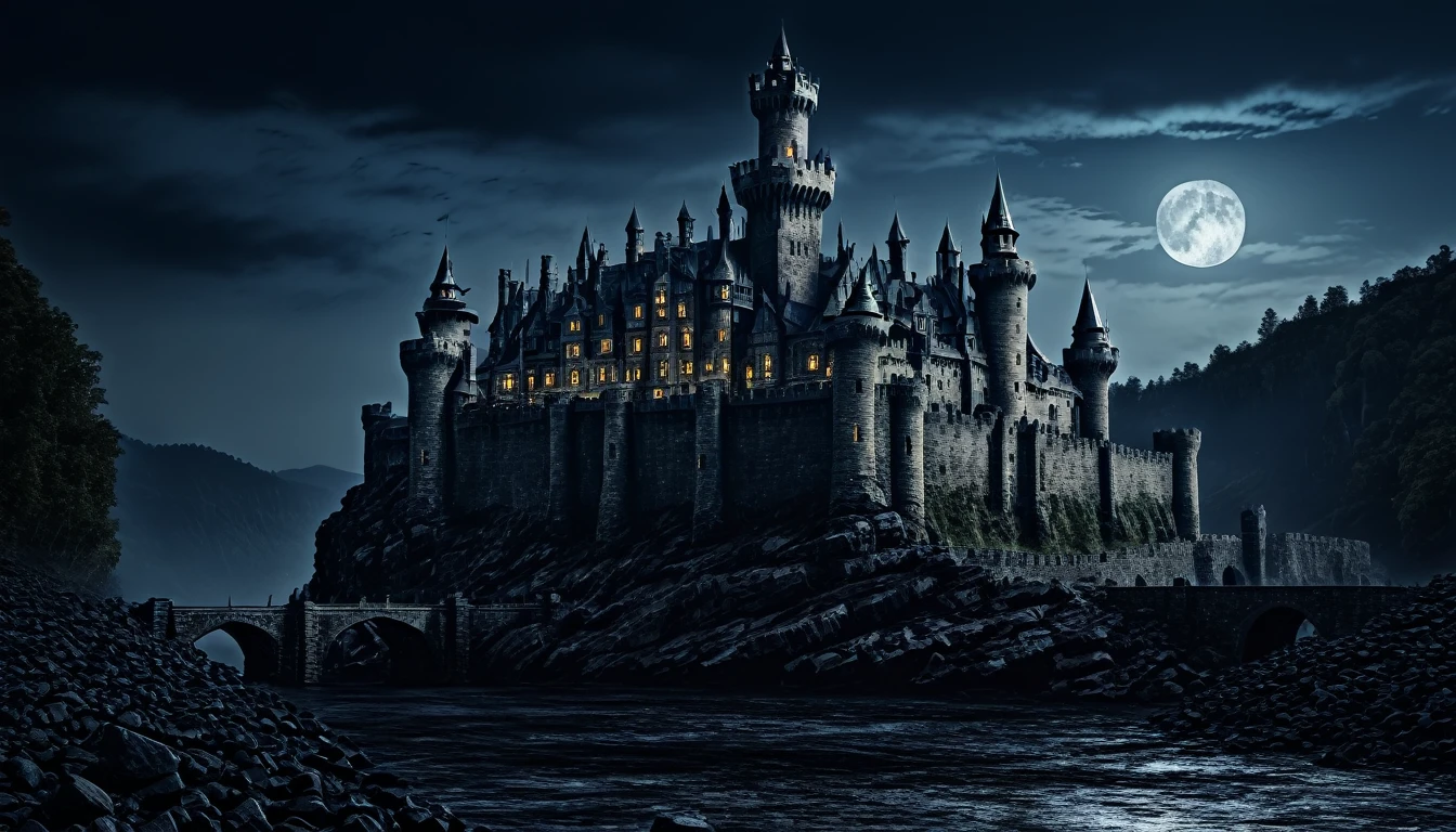 huge stone castle on background, night, sinister look, black souls style