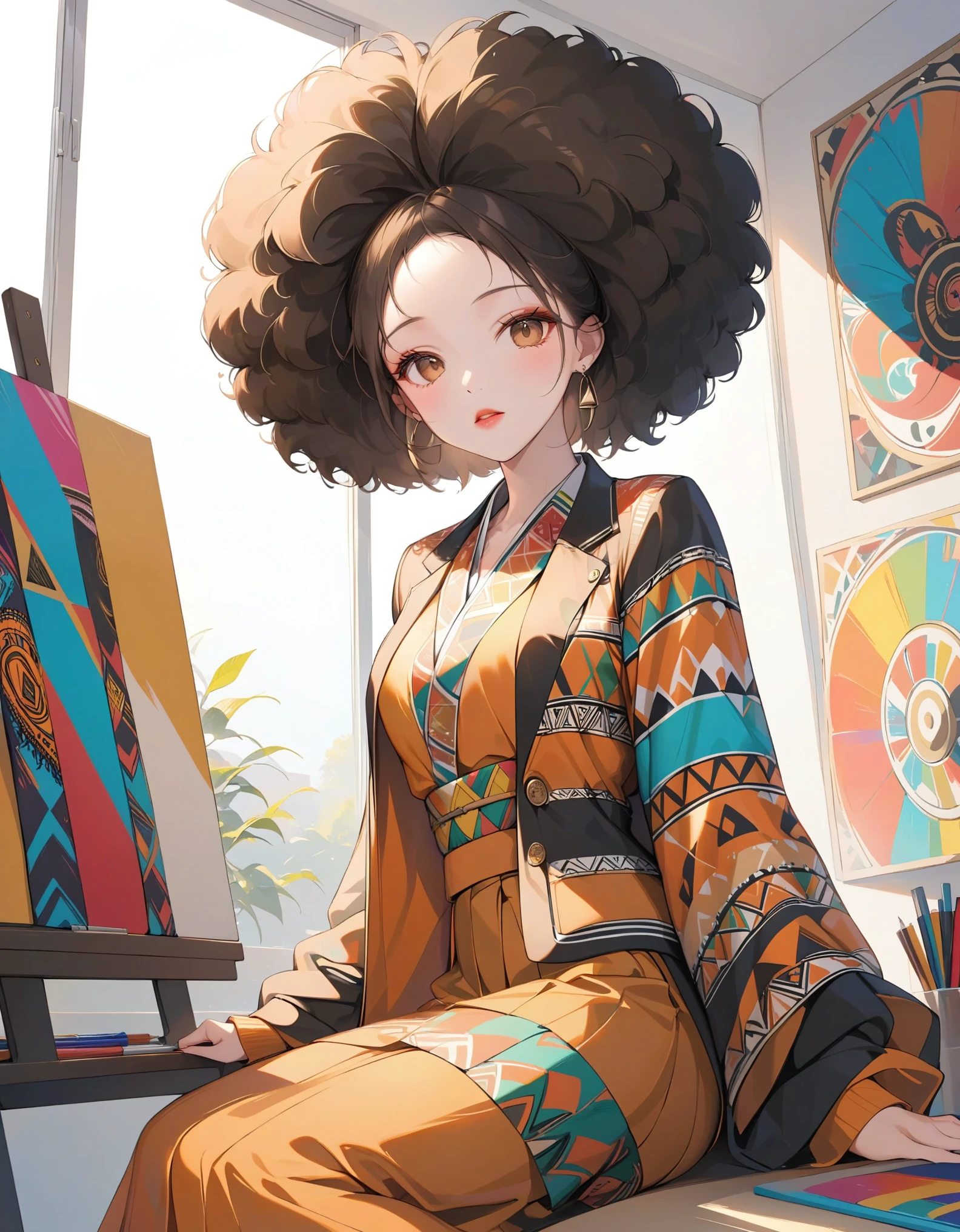 close-up, 1girl, solo, voluminous afro hair, brown eyes, full lips, colorful dashiki-inspired blazer with intricate geometric patterns, maxi skirt with vibrant African prints, studio filled with canvases and art supplies, warm sunlight streaming through a large window, masterpiece, best quality, very aesthetic, absurdes.
