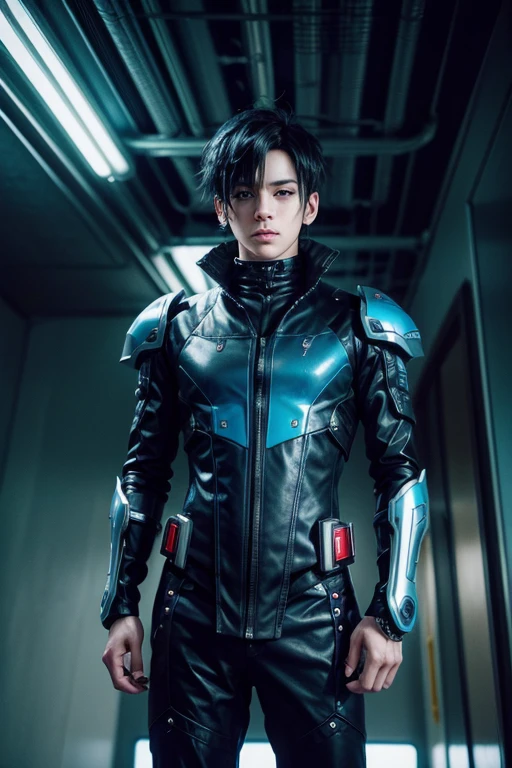 whole body, whole bodyの一般的な写真, Anime boy with blue eyes and black hair in futuristic outfit, Cyberpunk Anime Boy, Boy in Mecha Cyber Armor.