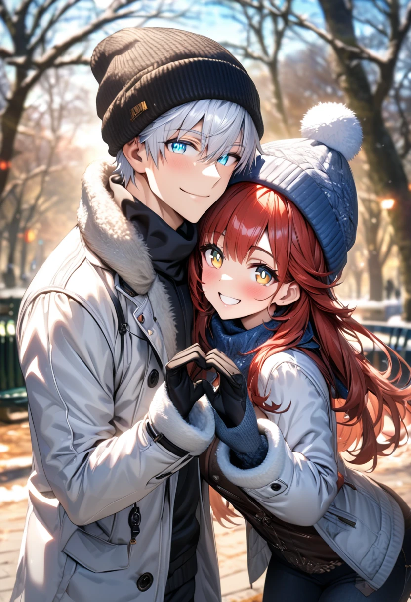 absurdres, highres, ultra detailed, HDR, master piece, Gojou Satoru, A couple, wearing winter hats, scarves, and winter gloves, dressed in white jackets, making the love hand gesture, smiling sweetly, on a sunny day in the park., (((high resolution))), (((gojo Satoru))), tall, blue shining pupils, black clothes, white hair, handsome man, Girlfriend, girl, red long hair, golden eyes, sexy, female, detailed hands, detailed clothing, beautiful eyes