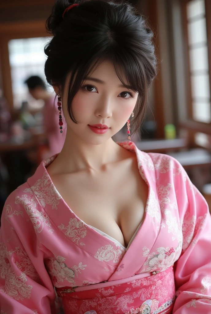 Japanese Girl(Wearing pink kimono),Huge Breasts，UHD, masterpiece, high details, high quality, best quality, highres