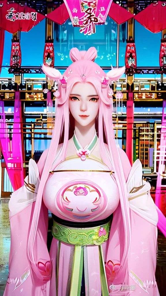 pink cloud sea,Chinese nine-tailed fox girl,long pink hair,Furry and cute fox ears,forehead pattern,Large Breasts,Pink ancient Ming Dynasty palace costume,Upper Body,close-up