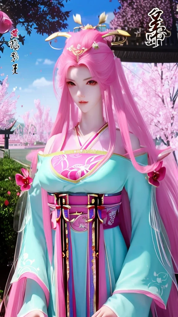 pink cloud sea,Chinese nine-tailed fox girl,long pink hair,Furry and cute fox ears,forehead pattern,Large Breasts,Pink ancient Ming Dynasty palace costume,Upper Body,close-up