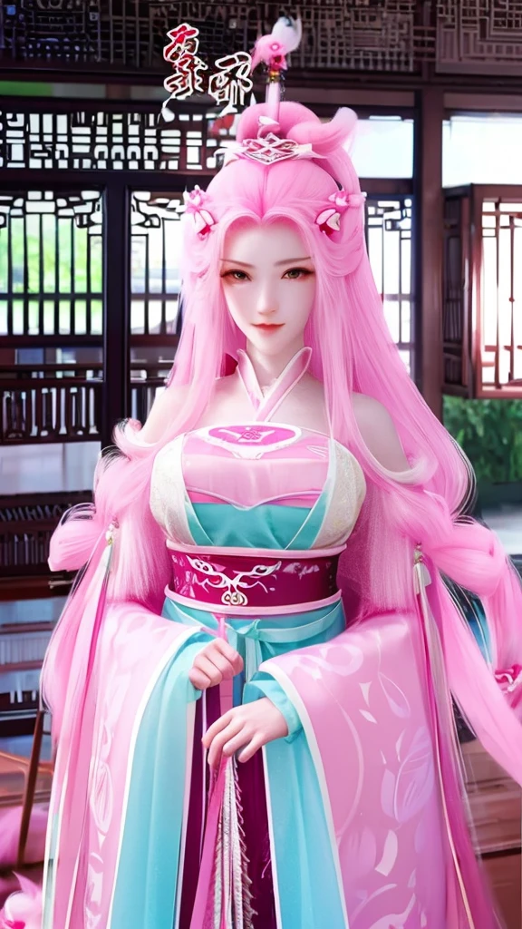 pink cloud sea,Chinese nine-tailed fox girl,long pink hair,Furry and cute fox ears,forehead pattern,Large Breasts,Pink ancient Ming Dynasty palace costume,Upper Body,close-up