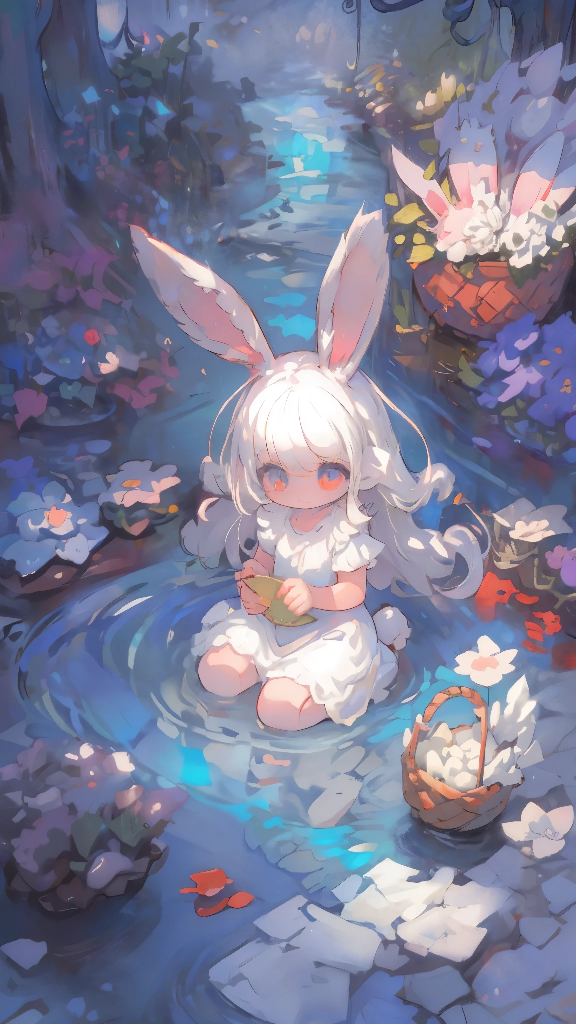 (((solo))),1girl\((3D Art:2.0),(Chibi:1.8),cute,kawaii,small kid,(white hair:2.0),(long hair:1.6),(rabbit ear:2.0),(rabbit ear is white:2.0),white dress,red eyes,big eyes,skin color white,big hairbow,sitting\), BREAK ,background\(sitting on the luncheon mat,some roses around,clear beautiful lake,flowers in the basket box,beautiful sunny day\),(3D Art),(from above:1.4), BREAK ,quality\(8k,wallpaper of extremely detailed CG unit, ​masterpiece,high resolution,top-quality,top-quality real texture skin,hyper realistic,increase the resolution,RAW photos,best quality,highly detailed,the wallpaper,golden ratio\),landscape,solo