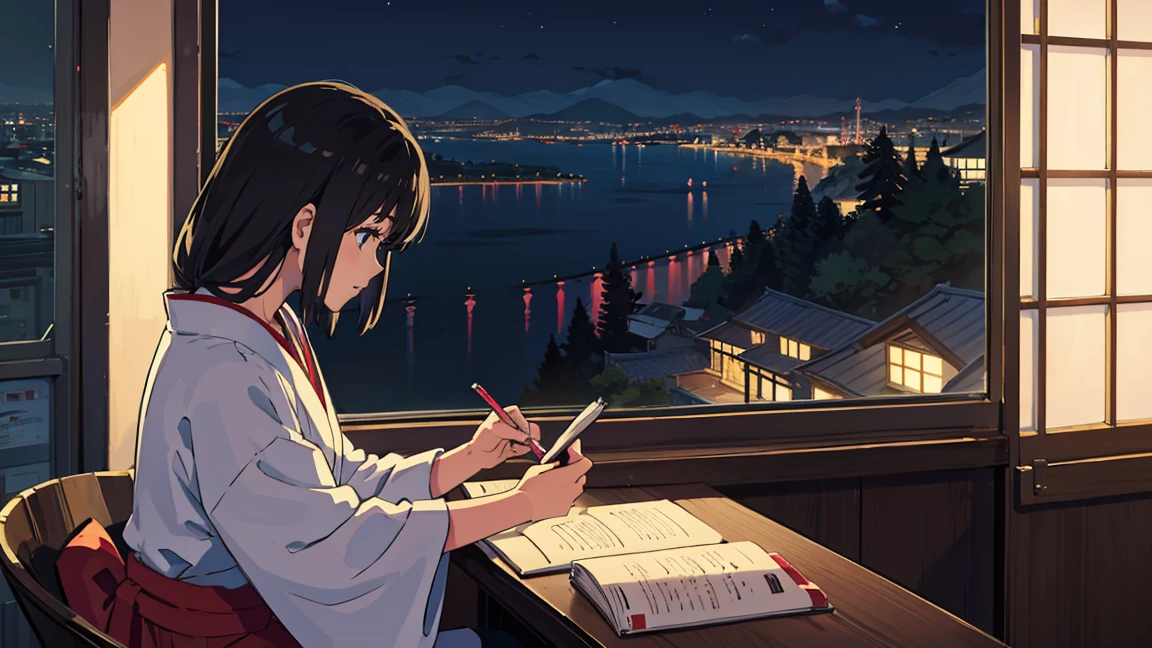 Beautiful Japanese teenage woman writing in a diary in a window seat, the night city outside the window, landscape screen size

