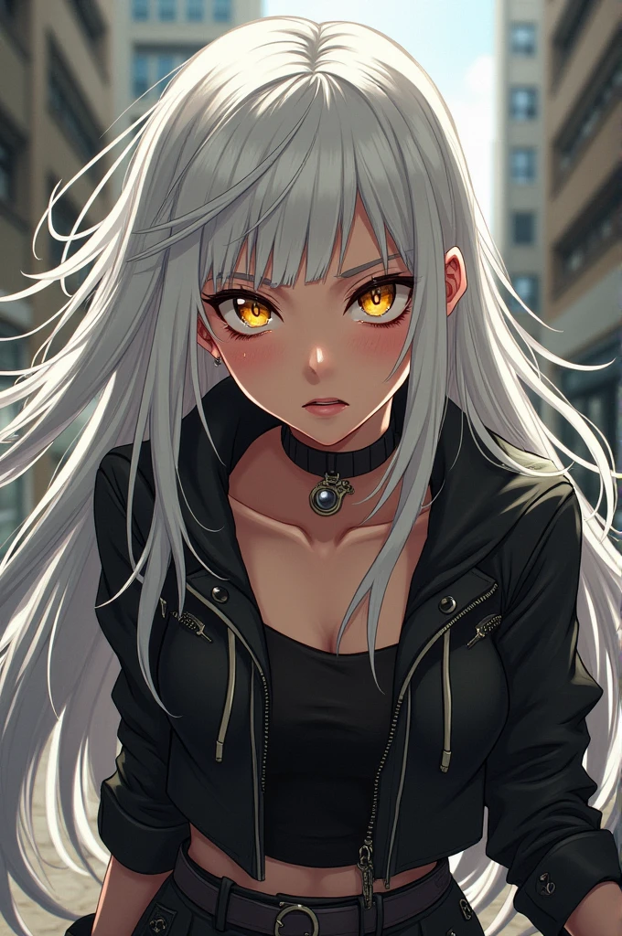 Rude rebellious anime girl with long white hair and golden eyes - SeaArt AI