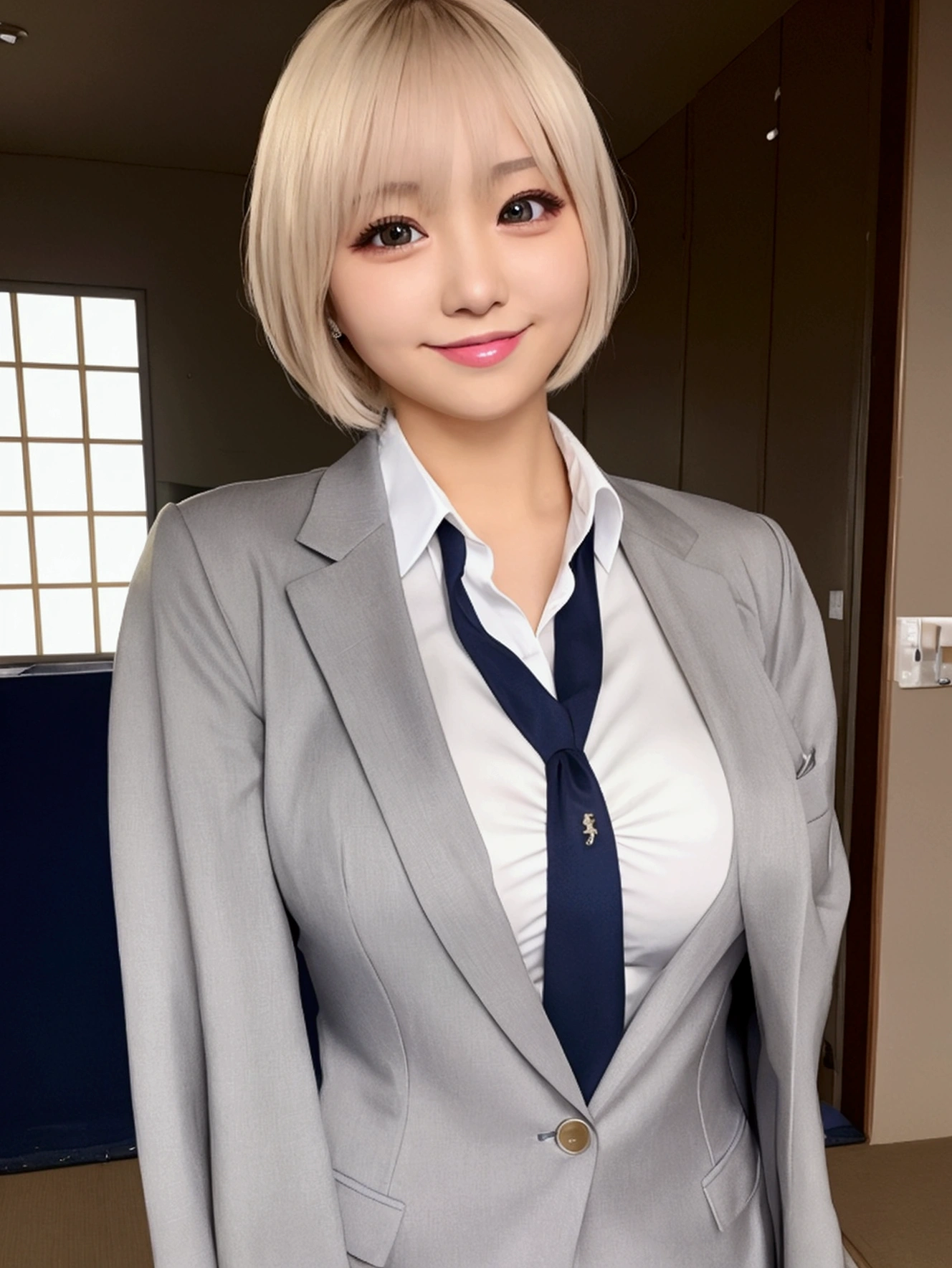 (RAW Photos, Highest quality), (Realistic, Photorealistic:1.3), masterpiece, Very delicate and beautiful, Very detailed, CG, Unity , 2k wallpaper, wonderful, Fine details, A light smile, Very detailed Cg Unity 8K wallpaper, Huge file sizes, Super detailed, High resolution, Absurd, Soft Light, (((short hair:1.3), Short bangs, Silver Hair, Floating Hair NovaFrogStyle)), Beautiful detailed girl, Detailed fingers, Very detailed eyes and face, Beautifully detailed nose, Beautiful attention to detail, Long eyelashes, Light on face, Displaying the viewer, (Mouth closed:1.2), One girl, cute, young, Adult face, (Full Body Lesbian:1.3), (Medium chest), Realistic face, Realistic body, Beautiful and exquisite thighs, (Urzan-6500-v1.1:0.8), suit, Cross-strap clothing, Collared shirt, Open clothes, At the office, Details Office, Open cardigan, Black knee-highs, mini skirt, Black underwear, Unbuttoned shirt,Close-up of face