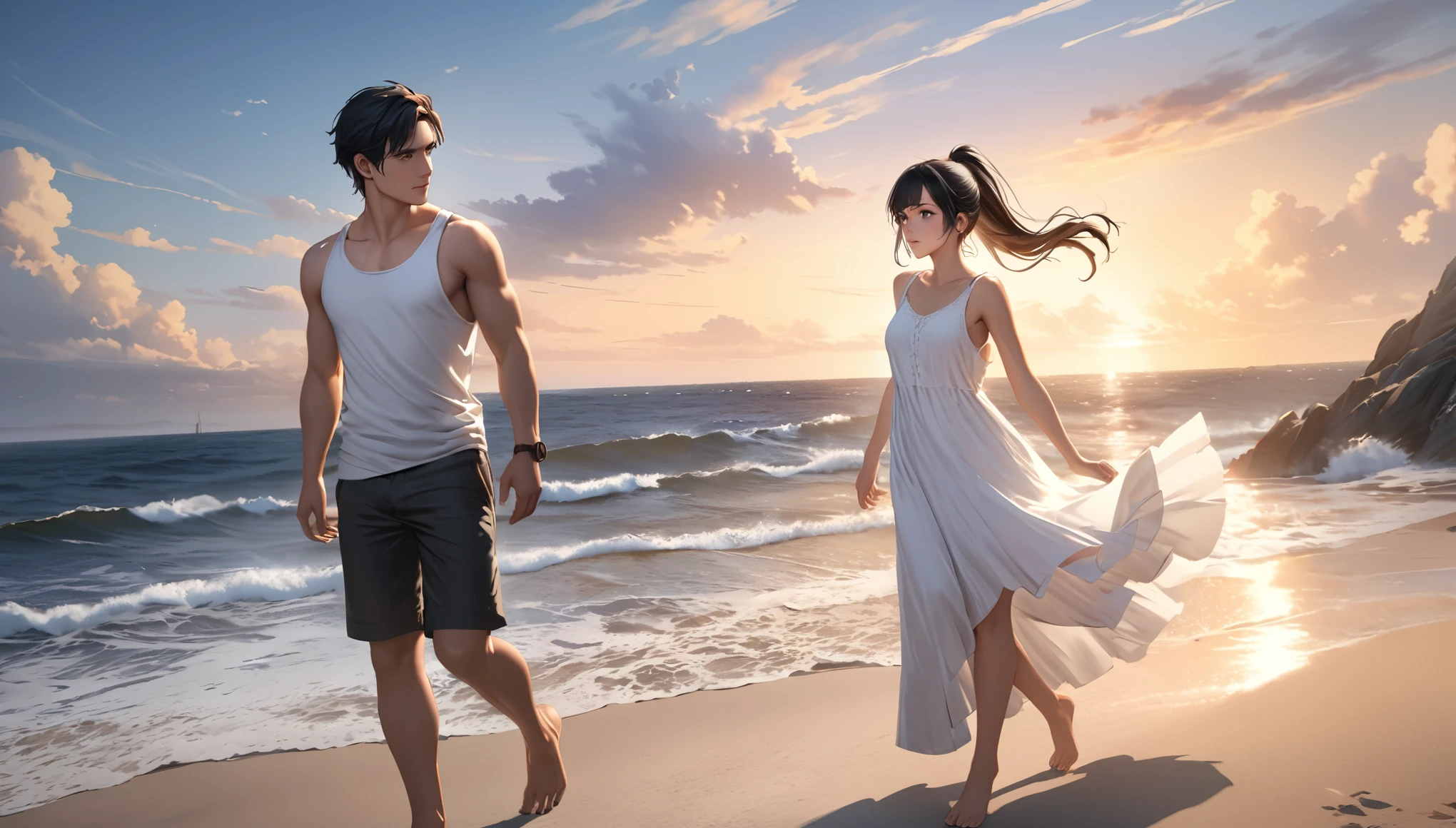 beautiful woman on a beach hugging a man, beautiful woman hugging a man on a beach, background of a beach.  the image must be hyperrealistic and cinematic