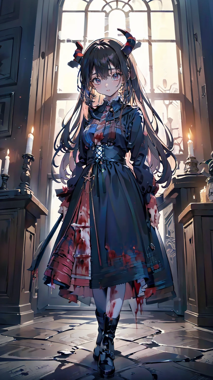 , Perfect Eyes, Soft Light, high quality, 4K resolution, Masterpiece: Finely textured skin, Attention to detail, 最high quality, Awards, Very detailed, high quality, devilの女王、Goat with horns, Gothic Dress, Living in the depths of hell, Lava flow, Blue long hair, Bright Blue Eyes, Red High Heels, Navy Blue Dress、Shadowed face　、Have a weapon、Staring at the audience with a frightened expression、beautiful girl、とてもcute天使、Pink Gothic Fashion、cute、、smile、Long skirt、Black long boots、.(最high quality,4K,High resolution,masterpiece:1.2),Very detailed,Realistic:1.37,Spooky altar background,Dark fantasy,Red color scheme,Ominous atmosphere,Eye-catching,Storytelling,anatomy,Anime Style,Concept Art,beautifulAttention to detail顔と (((Red eyes ))),A terrifying ritual ,devilの儀式,Premature death,Inappropriate behavior,クレイジーなsmile,Scythe Face,Girl Monster, beautiful, Delicate facial features, Sharp Eye, Sharp Fangs, pale Skin, Dark Background, Cinema Lighting, Dramatic Shadows, Gothic style, Gloomy atmosphere, Dark fantasy, One person&#39;S, Please open your mouth wide, Open your mouth and baring your teeth,Sharp teeth like a beast, Wide lips, Very wide mouth, Red cheeks, ,(Blood splatter:1.4),Scary smile, smile,Angel Design, TwiSted smile、Bloody、Head bleeding,,,,,、Blood splatter、,(Blood splatter:1.4),skull,devil&#39;s gun,Horror Style, ((Fantasy Sweet Ta Frill Pink Costume)), ((Flowing blonde hair)), ,(Blood splatter:1.4),Female Curves, Sexy flat stomach, Perfect hands, Perfect anime character face, (Pink Tata Dress)), Standing, ((邪悪なsmile)), ,(Blood splatter:1.4), Steam circulation, Moonlight Illumination, night lighting, (Blood splatter:1.6),アニメAngel Design, TwiSted smile、Bloody、Head bleeding,,,,,、Blood splatter、,(Blood splatter:1.4), skull,Gothic architecture、Western architecture、ファンタジーのworld、,Victorian city, Skeleton Gas Light,Absurd, High resolution、 ((Tabletop)), ((最high quality)), (Very detailedな), ((Very detailed)), (beautiful), ((cute)), (NFSW:1.8), One personで,(:1.6)、(world&#39;最も恐ろしく不気味なdevilの少女:1.5)beautiful face、Full Body Ezbian、pale, beautiful肌、beautiful金の髪、smile gently、Dark building ruins、(snow white&#39;Frill dress:1.3)、(The dark ruins are stained with blood:1.3)、Low angle full body shot、(少女は血の池の中にStanding:1.5)、(The ground is full of blood:1.3)、(The girl lost a lot of blood.....:1.3)、(クレイジーなsmile:1.6)、Spirits、(Blood dripping from the mouth:1.3)、
