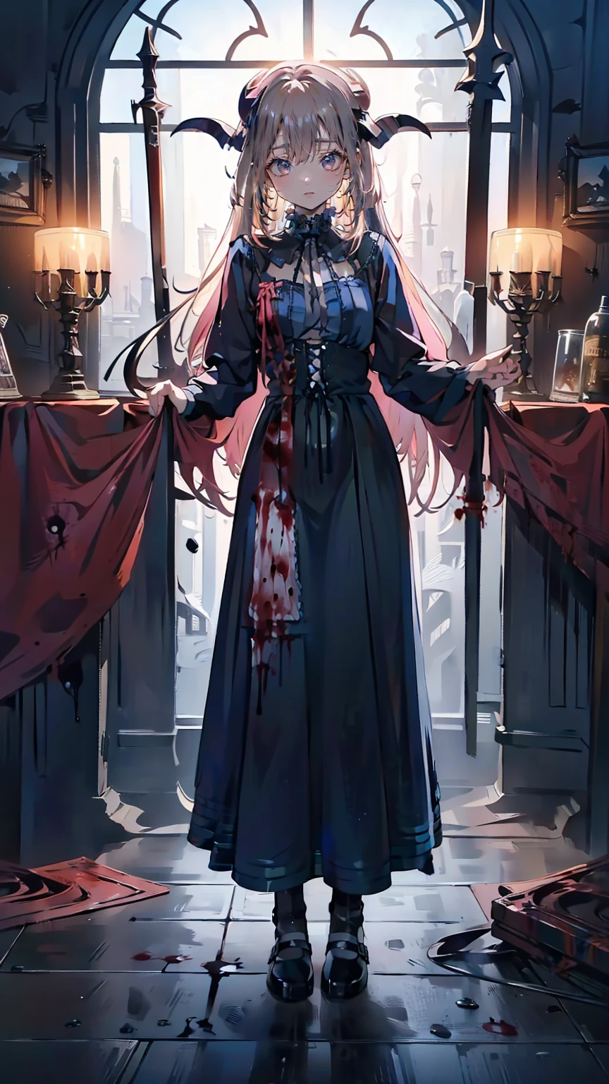Delicate features,Gothic ribbon headband , Eyelids very wide open, The trend is small,Crazy Smile, mouth very wide open, Mouth open and teeth bared,Sharp teeth like a beast, wide lips, Very wide mouth, Vermilion-tinted cheeks, Blonde Hair, Princess Cut, Ribbon hair ornament, brooch, Shiny candy blue dress, Gold embroidery,Lolita Style, Gothic style, Facing the audience, Otaku Room, Well-built body, Nice body, Ample breasts, Fleshy body,With eyes wide open、Scary atmosphere、Distorted facial expressions、ねじれた笑face、Bloody、Bleeding from the head、Blood splatter、whole body、Long Hair、Long bangs、(((Dark circles under the eyes)))、Pale skin、Feeling unwell、Pathological、邪悪な笑face、Crazy Eyes、(Grin)Dramatic makeup,Create mixed media art,Well-built,Nice body,Shoulders wider,focus on,(face),Messy Hair,Yellow Eyes,(Glowing Eyes),(Blood splatter:1.6),Red light,笑face,big 笑face,tooth,psycho 笑face,gesugao,Dark city background,darkness,night,(close),Good Eyes, good teeth,サディスティックな笑face,,all,Shiny skin,詳細なface,Beautiful body,whole body油まみれで光沢感がある whole bodyから湯気が出ている Steam like a sauna room fills the entire screen. White breath from the mouth Luxurious lace long gloves