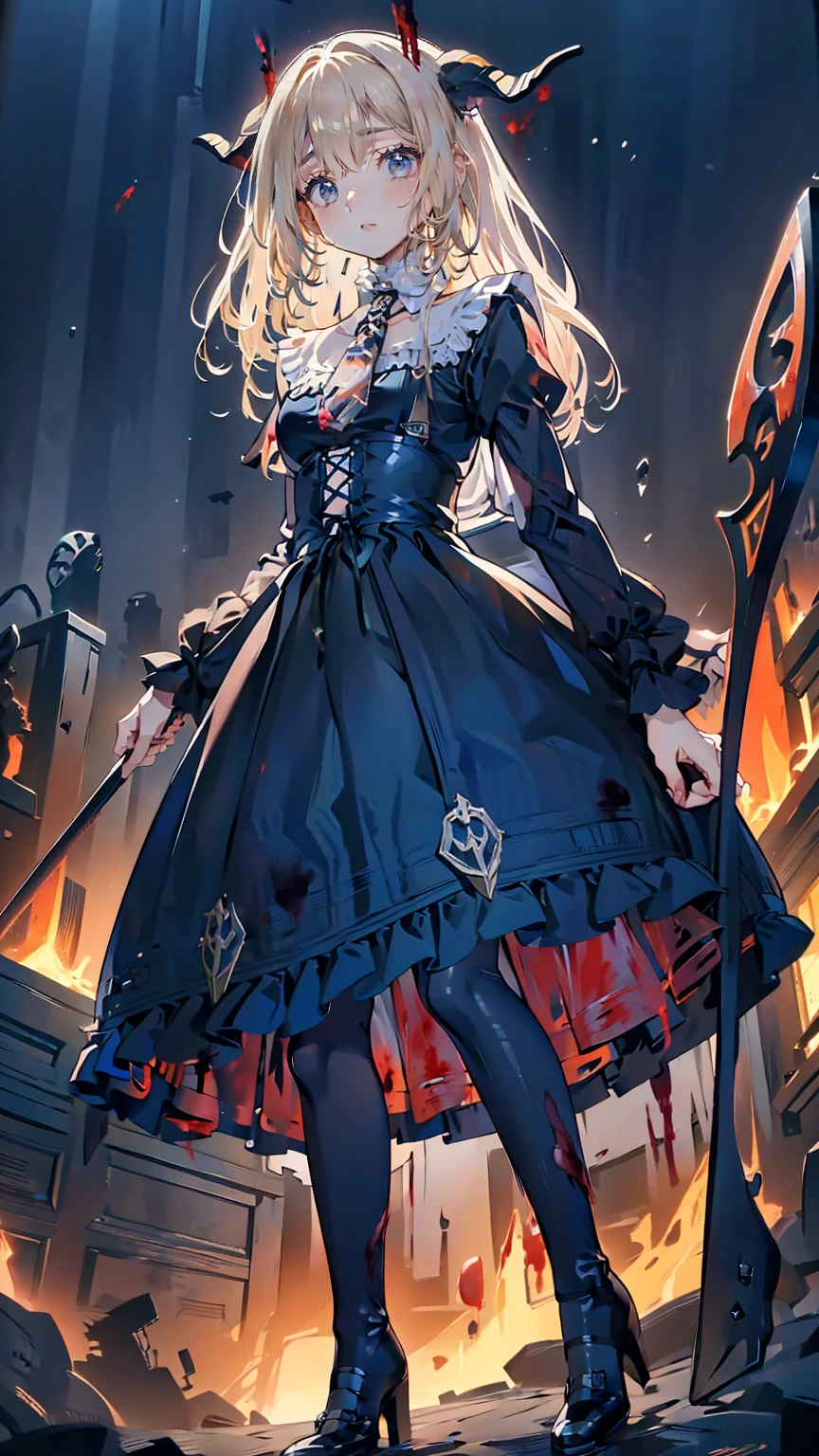 , Perfect Eyes, Soft Light, high quality, 4K resolution, Masterpiece: Finely textured skin, Attention to detail, 最high quality, Awards, Very detailed, high quality, devilの女王、Goat with horns, Gothic Dress, Living in the depths of hell, Lava flow, Blue long hair, Bright Blue Eyes, Red High Heels, Navy Blue Dress、Shadowed face　、Have a weapon、Staring at the audience with a frightened expression、beautiful girl、とてもcute天使、Pink Gothic Fashion、cute、baby face、smile、Long skirt、Black long boots、.(最high quality,4K,High resolution,masterpiece:1.2),Very detailed,Realistic:1.37,Spooky altar background,Dark fantasy,Red color scheme,Ominous atmosphere,Eye-catching,Storytelling,anatomy,Anime Style,Concept Art,beautifulAttention to detail顔と (((Red eyes ))),A terrifying ritual ,devilの儀式,Premature death,Inappropriate behavior,クレイジーなsmile,Scythe Face,Girl Monster, beautiful, Delicate facial features, Sharp Eye, Sharp Fangs, pale Skin, Dark Background, Cinema Lighting, Dramatic Shadows, Gothic style, Gloomy atmosphere, Dark fantasy, One person&#39;S, Please open your mouth wide, Open your mouth and baring your teeth,Sharp teeth like a beast, Wide lips, Very wide mouth, Red cheeks, ,(Blood splatter:1.4),Scary smile, smile,Angel Design, TwiSted smile、Bloody、Head bleeding,,,,,、Blood splatter、,(Blood splatter:1.4),skull,devil&#39;s gun,Horror Style, ((Fantasy Sweet Ta Frill Pink Costume)), ((Flowing blonde hair)), ,(Blood splatter:1.4),Female Curves, Sexy flat stomach, Perfect hands, Perfect anime character face, (Pink Tata Dress)), Standing, ((邪悪なsmile)), ,(Blood splatter:1.4), Steam circulation, Moonlight Illumination, night lighting, (Blood splatter:1.6),アニメAngel Design, TwiSted smile、Bloody、Head bleeding,,,,,、Blood splatter、,(Blood splatter:1.4), skull,Gothic architecture、Western architecture、ファンタジーのworld、,Victorian city, Skeleton Gas Light,Absurd, High resolution、 ((Tabletop)), ((最high quality)), (Very detailedな), ((Very detailed)), (beautiful), ((cute)), (NFSW:1.8), One personで,(:1.6)、(world&#39;最も恐ろしく不気味なdevilの少女:1.5)beautiful face、Full Body Ezbian、pale, beautiful肌、beautiful金の髪、smile gently、Dark building ruins、(snow white&#39;Frill dress:1.3)、(The dark ruins are stained with blood:1.3)、Low angle full body shot、(少女は血の池の中にStanding:1.5)、(The ground is full of blood:1.3)、(The girl lost a lot of blood.....:1.3)、(クレイジーなsmile:1.6)、Spirits、(Blood dripping from the mouth:1.3)、
