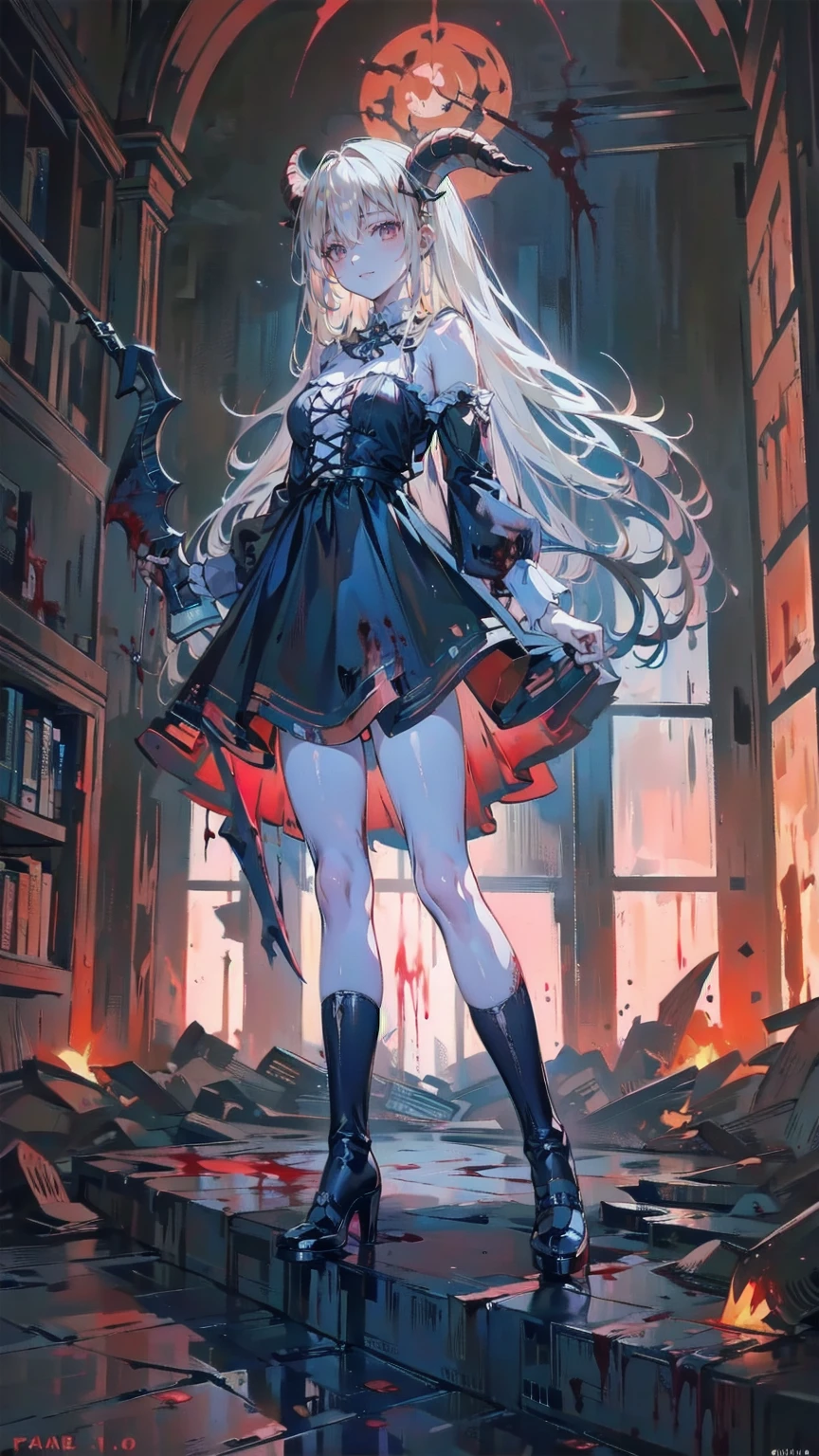 , Perfect Eyes, Soft Light, high quality, 4K resolution, Masterpiece: Finely textured skin, Attention to detail, 最high quality, Awards, Very detailed, high quality, devilの女王、Goat with horns, Gothic Dress, Living in the depths of hell, Lava flow, Blue long hair, Bright Blue Eyes, Red High Heels, Navy Blue Dress、Shadowed face　、Have a weapon、Staring at the audience with a frightened expression、beautiful girl、とてもcute天使、Pink Gothic Fashion、cute、baby face、smile、Long skirt、Black long boots、.(最high quality,4K,High resolution,masterpiece:1.2),Very detailed,Realistic:1.37,Spooky altar background,Dark fantasy,Red color scheme,Ominous atmosphere,Eye-catching,Storytelling,anatomy,Anime Style,Concept Art,beautifulAttention to detail顔と (((Red eyes ))),A terrifying ritual ,devilの儀式,Premature death,Inappropriate behavior,クレイジーなsmile,Scythe Face,Girl Monster, beautiful, Delicate facial features, Sharp Eye, Sharp Fangs, pale Skin, Dark Background, Cinema Lighting, Dramatic Shadows, Gothic style, Gloomy atmosphere, Dark fantasy, One person&#39;S, Please open your mouth wide, Open your mouth and baring your teeth,Sharp teeth like a beast, Wide lips, Very wide mouth, Red cheeks, ,(Blood splatter:1.4),Scary smile, smile,Angel Design, TwiSted smile、Bloody、Head bleeding,,,,,、Blood splatter、,(Blood splatter:1.4),skull,devil&#39;s gun,Horror Style, ((Fantasy Sweet Ta Frill Pink Costume)), ((Flowing blonde hair)), ,(Blood splatter:1.4),Female Curves, Sexy flat stomach, Perfect hands, Perfect anime character face, (Pink Tata Dress)), Standing, ((邪悪なsmile)), ,(Blood splatter:1.4), Steam circulation, Moonlight Illumination, night lighting, (Blood splatter:1.6),アニメAngel Design, TwiSted smile、Bloody、Head bleeding,,,,,、Blood splatter、,(Blood splatter:1.4), skull,Gothic architecture、Western architecture、ファンタジーのworld、,Victorian city, Skeleton Gas Light,Absurd, High resolution、 ((Tabletop)), ((最high quality)), (Very detailedな), ((Very detailed)), (beautiful), ((cute)), (NFSW:1.8), One personで,(:1.6)、(world&#39;最も恐ろしく不気味なdevilの少女:1.5)beautiful face、Full Body Ezbian、pale, beautiful肌、beautiful金の髪、smile gently、Dark building ruins、(snow white&#39;Frill dress:1.3)、(The dark ruins are stained with blood:1.3)、Low angle full body shot、(少女は血の池の中にStanding:1.5)、(The ground is full of blood:1.3)、(The girl lost a lot of blood.....:1.3)、(クレイジーなsmile:1.6)、Spirits、(Blood dripping from the mouth:1.3)、
