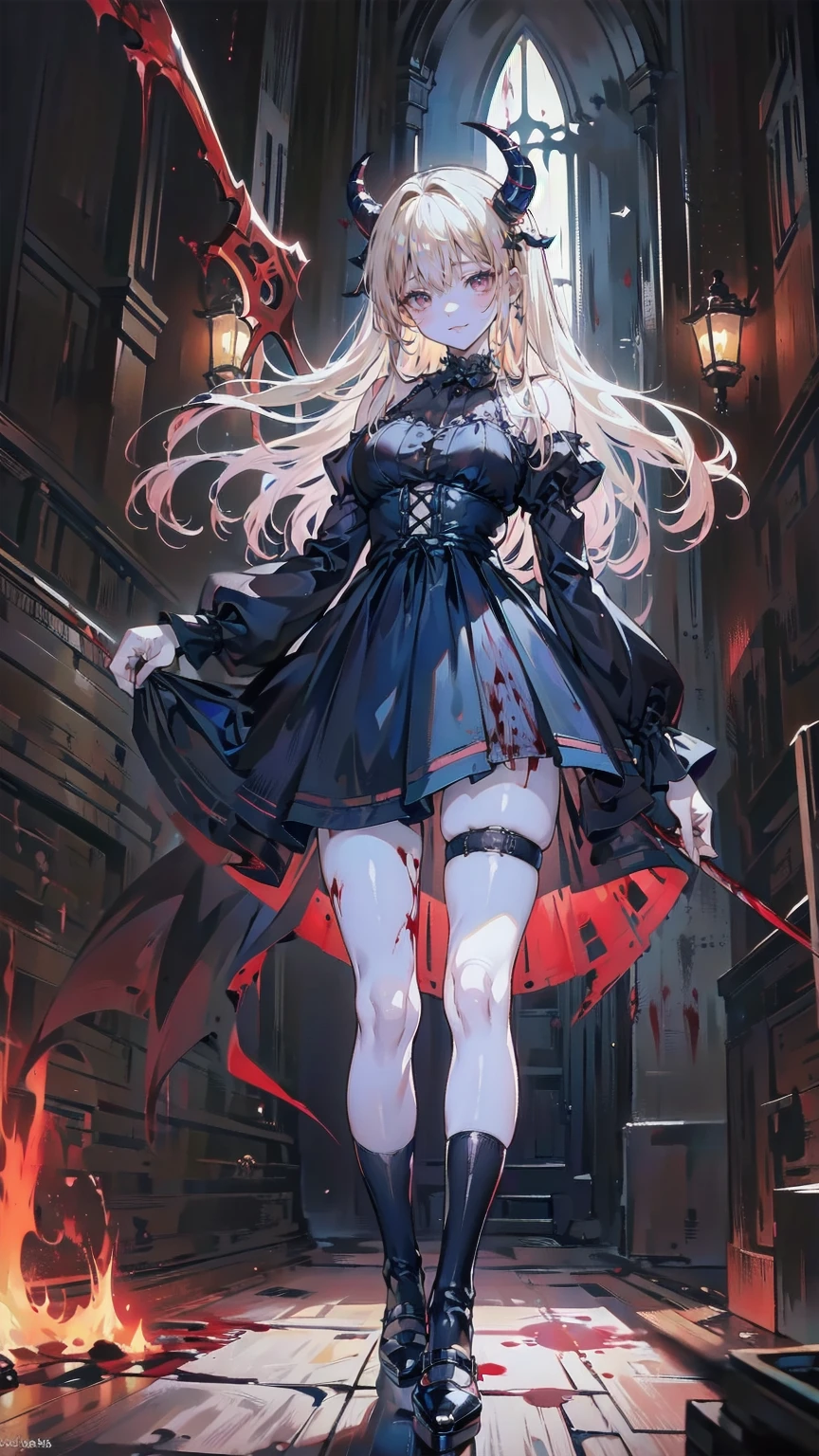 , Perfect Eyes, Soft Light, high quality, 4K resolution, Masterpiece: Finely textured skin, Attention to detail, 最high quality, Awards, Very detailed, high quality, devilの女王、Goat with horns, Gothic Dress, Living in the depths of hell, Lava flow, Blue long hair, Bright Blue Eyes, Red High Heels, Navy Blue Dress、Shadowed face　、Have a weapon、Staring at the audience with a frightened expression、beautiful girl、とてもcute天使、Pink Gothic Fashion、cute、、smile、Long skirt、Black long boots、.(最high quality,4K,High resolution,masterpiece:1.2),Very detailed,Realistic:1.37,Spooky altar background,Dark fantasy,Red color scheme,Ominous atmosphere,Eye-catching,Storytelling,anatomy,Anime Style,Concept Art,beautifulAttention to detail顔と (((Red eyes ))),A terrifying ritual ,devilの儀式,Premature death,Inappropriate behavior,クレイジーなsmile,Scythe Face,Girl Monster, beautiful, Delicate facial features, Sharp Eye, Sharp Fangs, pale Skin, Dark Background, Cinema Lighting, Dramatic Shadows, Gothic style, Gloomy atmosphere, Dark fantasy, One person&#39;S, Please open your mouth wide, Open your mouth and baring your teeth,Sharp teeth like a beast, Wide lips, Very wide mouth, Red cheeks, ,(Blood splatter:1.4),Scary smile, smile,Angel Design, TwiSted smile、Bloody、Head bleeding,,,,,、Blood splatter、,(Blood splatter:1.4),skull,devil&#39;s gun,Horror Style, ((Fantasy Sweet Ta Frill Pink Costume)), ((Flowing blonde hair)), ,(Blood splatter:1.4),Female Curves, Sexy flat stomach, Perfect hands, Perfect anime character face, (Pink Tata Dress)), Standing, ((邪悪なsmile)), ,(Blood splatter:1.4), Steam circulation, Moonlight Illumination, night lighting, (Blood splatter:1.6),アニメAngel Design, TwiSted smile、Bloody、Head bleeding,,,,,、Blood splatter、,(Blood splatter:1.4), skull,Gothic architecture、Western architecture、ファンタジーのworld、,Victorian city, Skeleton Gas Light,Absurd, High resolution、 ((Tabletop)), ((最high quality)), (Very detailedな), ((Very detailed)), (beautiful), ((cute)), (NFSW:1.8), One personで,(:1.6)、(world&#39;最も恐ろしく不気味なdevilの少女:1.5)beautiful face、Full Body Ezbian、pale, beautiful肌、beautiful金の髪、smile gently、Dark building ruins、(snow white&#39;Frill dress:1.3)、(The dark ruins are stained with blood:1.3)、Low angle full body shot、(少女は血の池の中にStanding:1.5)、(The ground is full of blood:1.3)、(The girl lost a lot of blood.....:1.3)、(クレイジーなsmile:1.6)、Spirits、(Blood dripping from the mouth:1.3)、
