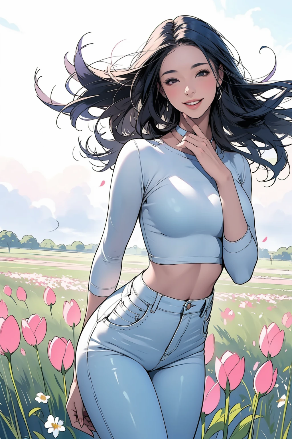 1 girl, black long hair, wearing white shirt, tight jeans, standing, at the fields full of flowers, hands on the hips, floating hair, wink and smile expression, 