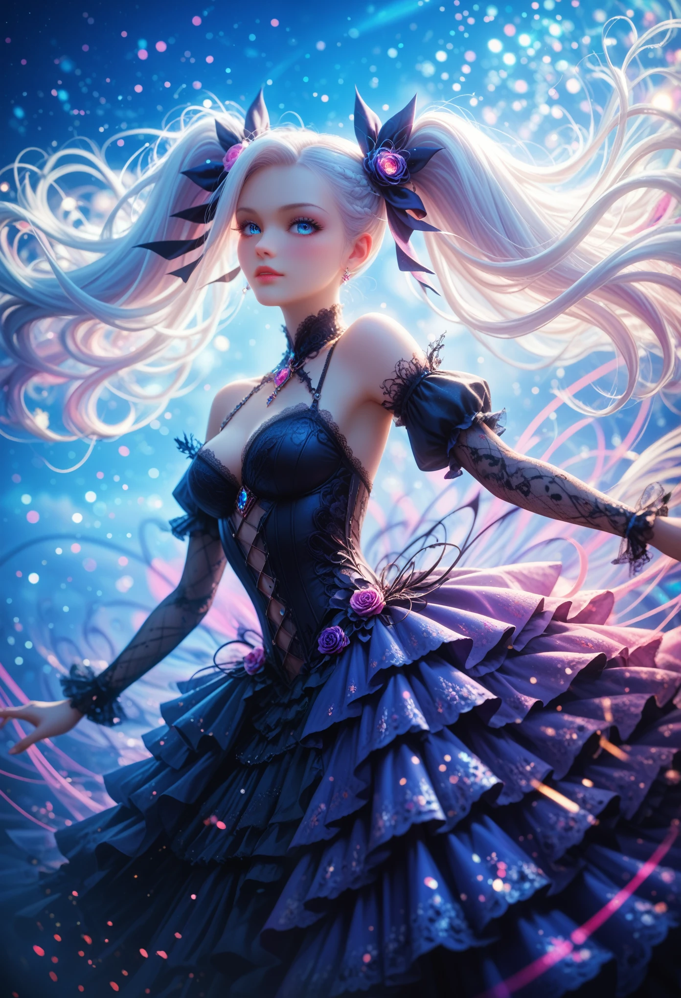 (1 girl),Gothic,two ponytails,white hair, organza lace,magnificent and ornate clothes,Gothic, flying, blue, (Colorful), bold strokes, gradient mixtures, image blur, shimmering textures, dynamic composition, atmospheric perspective, Impressionistic, , (masterpiece), (Best quality), Amazing, (Beautiful detailed eyes), (finely detailed), depth of field, extremely detailed CG, original, very detailed wallpaper, (bright colors), Cinematic Lighting,  (Colorful), blush,