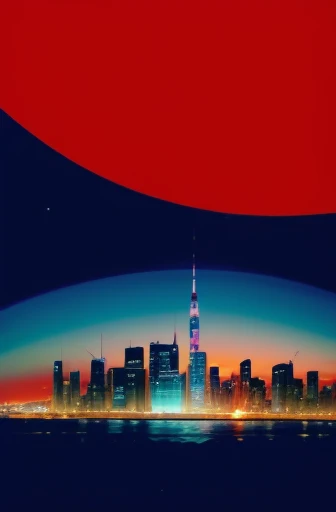 Futuristic city painted in red on a blue background、