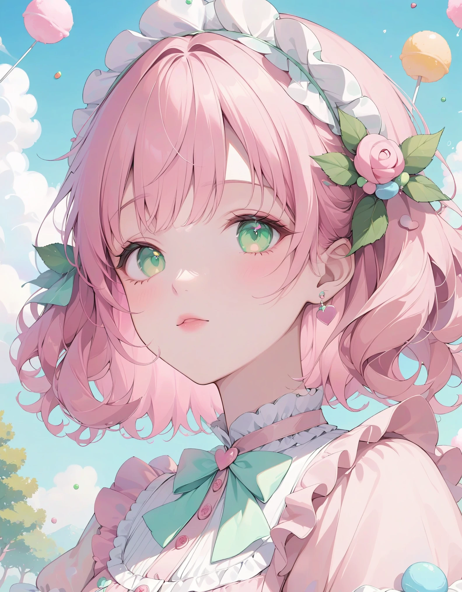 close-up, 1girl, solo, curly pink hair adorned with candy sprinkles, playful green eyes, rosy cheeks, pastel pink dress with ruffled layers and candy-shaped buttons, candy-themed wonderland, gumdrop trees, cotton candy sky, masterpiece, best quality, very aesthetic, absurdes.