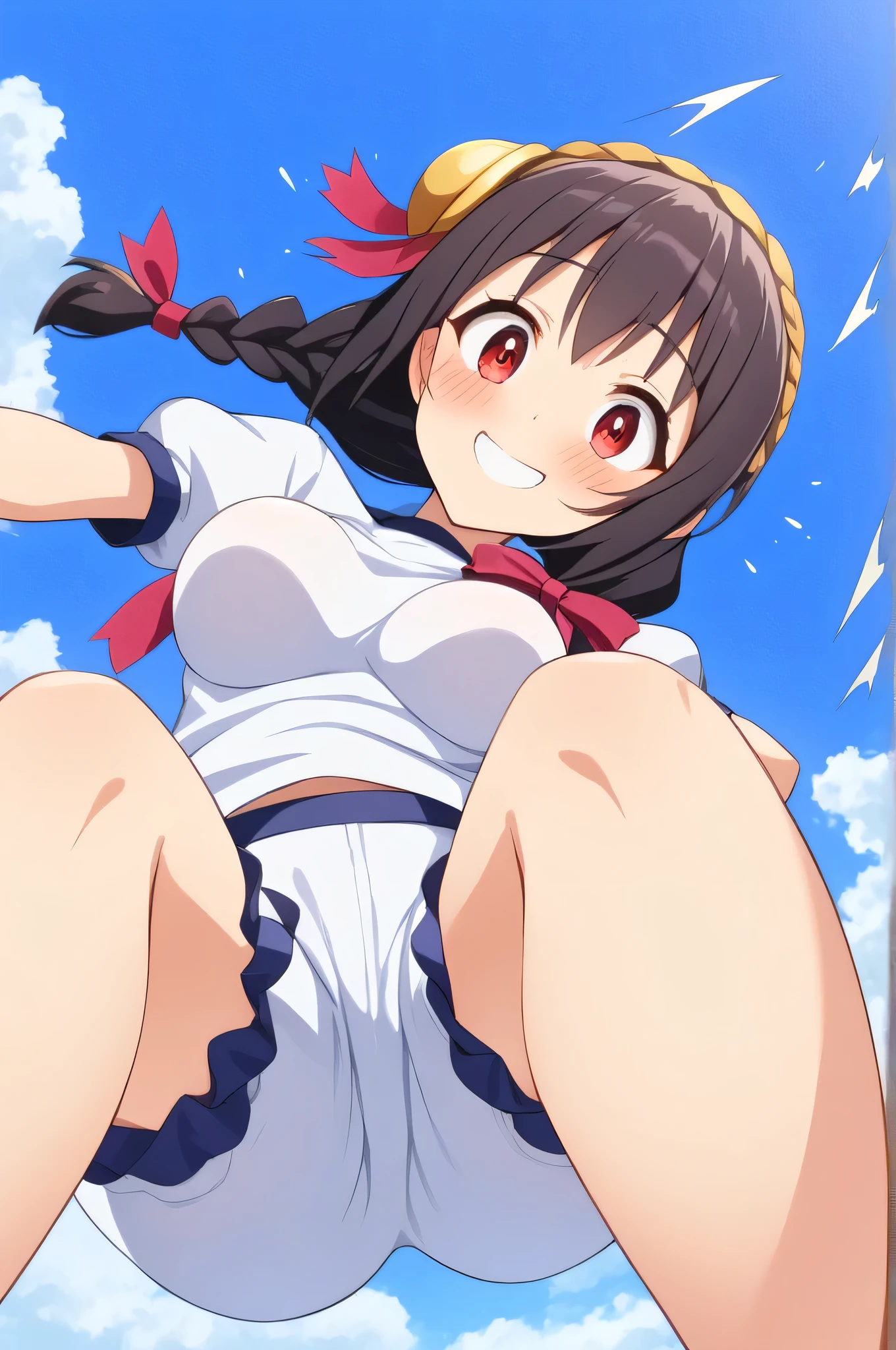 (anime art style:1.0), 2d, masterpiece, best quality, very aesthetic, absurdres, dynamic shadows, atmosferic, yunyun, 1girl, solo, brown hair, low twintails, crown braid, long hair, red eyes, detailed eyes, hair between eyes, bangs, medium breasts, (curvy body), makeup, blush, bikini, cheerleader, crop top, miniskirt, pleated skirt, collarbone, borrowed, embarrased, open mouth, feet out frame, from below, hands on own breasts, squatting, (looking at viewer:1.0), (grass), mountains, clouds, sky, trees