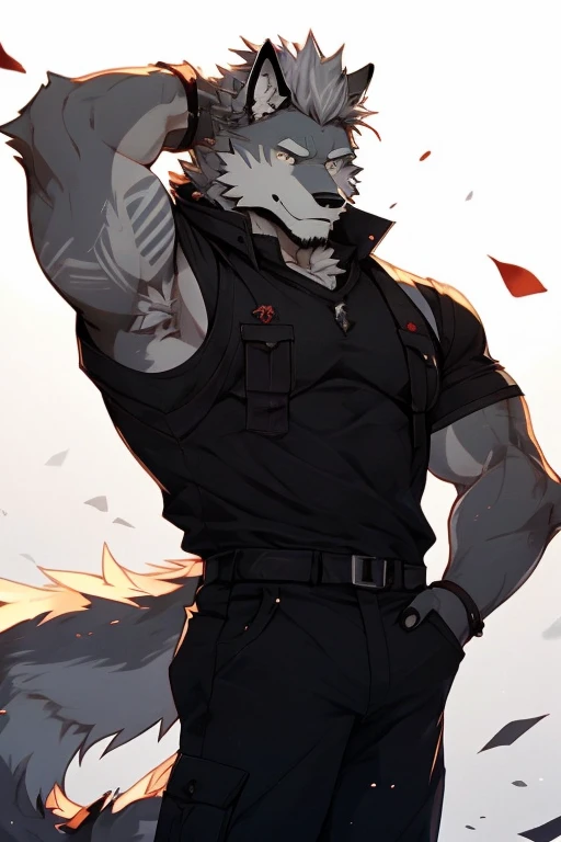 An Upper Torso Body And Right Side Body Picture of A Very Muscular Furry style Gray Wolf. he is wearing Full Long Dark Green Soldier military Suit outfit. He is looking at the viewer. The background is only solid white. nothing but just white. His hair is spikey and messy. He have A gray hair. He have a little smile with blushes on his face in shyness. He have a very long tail. he have gray eyes. his one hand is in his pockets while his other hand is sratching his head. he is standing in the background.