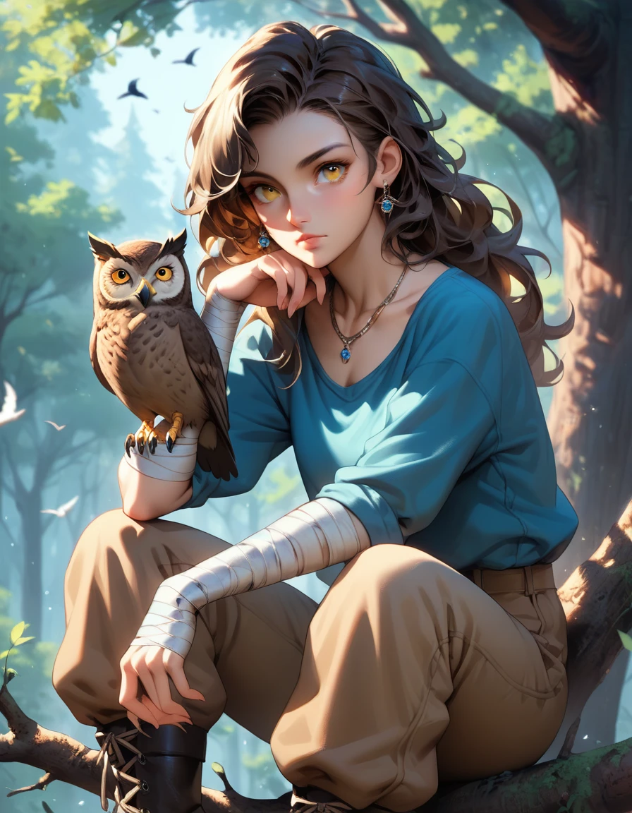 score_9, score_8_up, score_7_up, score_6_up, score_5_up, score_4_up, berserk, 1girl, solo, long hair, looking at viewer, blue eyes, shirt, brown hair, long sleeves, closed mouth, jewelry, sitting, collarbone, yellow eyes, outdoors, earrings, boots, pants, necklace, blurry, tree, night, bird, animal, bandages, nature, forest, bandaged arm, branch, brown pants, indian style, beak, talons, owl, in tree
