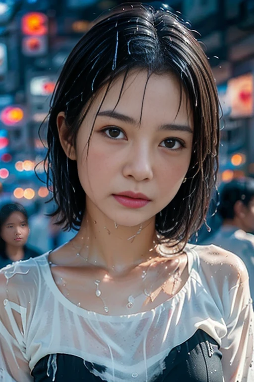 Best image quality, masterpiece、Ultra-high resolution, (Loyalty :1.4), Skinny Japanese woman, 1 girl, 4、Detailed face, Fine grain, Correct human anatomy, dim, night、Dim, tears, tearsdrop, (White shirt), (Wet clothes:1.4), Bare Shoulder, Heavy Rain, Wet Hair,Pouring rain
