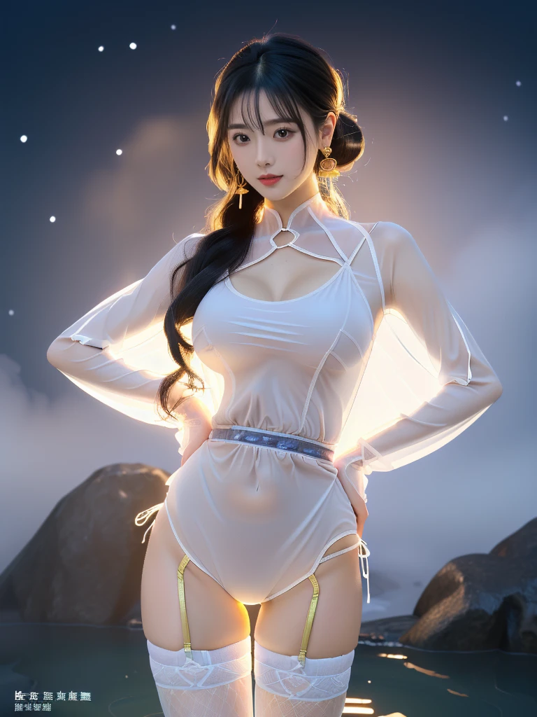 ((A woman)), 美丽脸庞的Sexy中国华裔女明星, 穿着Sexy暴露的透明衣服, (((Light theme, Exposing the subject, Sexy主题)))
((Transparent clothes: 1.5), (Revealing clothes: 1.5),  (Wet clothes:1.0), (Color of clothes: Bright pink), ((Wearing transparent clothing)), ((Irregular transparent clothing)))
(((night, Private hot spring, Surrounded by fog, bamboo forest, Standing in the water, Snow Scene))),
((desktop:1.0), (:1.4), (high resolution:1.2), (Reality:1.4),(From below:1.5))
((8K Ultra HD, 8K, 超high resolution, Best quality, Super Fine, Clear focus. Masterpieces, complete pattern, Ultra HD, Detailed photos, Best image quality，Ultra-clear，Delicate facial features，Well-defined, Highly rated works, Close-up depth of field photography, Above the knee, Symmetrical character)), 
((Creating the image of a real girl), Realistic shadows, Soft lighting, Dynamic Angle, Dynamic poses, Elegant Posture, Cowboy lens, Full body front view, Be confident, Facing the camera, Eyes looking towards camera lens, Standing posture, Open your legs slightly, Golden Ratio Graphics, Minimalism, Center the character), 
( Smile, Sexy的, Balanced Eyes, Realistic eyes, Beautiful details of the eyes,Pretty Face, (Realistic face), Normal facial features, Realistic skin, Pay attention to skin details, Skin is clean and radiant, Whitening, Anatomically correct body, Golden ratio figure, Sexy的身材), 
(Perfect makeup, Gloves, earrings, bracelet, necklace, Jewelry, Hair accessories, shawl, sock, Knee socks, 吊garter, Leg ring, garter, 腿部garter), 
((beautiful hair), Dark black hair, Wavy curly hairstyle, Waist-length hair, Messy Hairstyle, Gradient hairstyles, Cyberpunk Hairstyle, High double ponytail hairstyle), 
(Sexy的, Perfect breast shape, Teardrop chest shape, Snow-white breasts, Very detailed breasts, 34C cup), 
(Super high waist, Deep V, Low-cut, Sexy, Flattering, Open crotch, (Clear camel toe, (High fork strangulation))),
(((Clear outline, Clear underwear, 透明Sexy的穿着)))