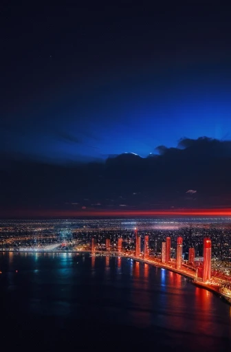 A futuristic city with red lights on a blue background、