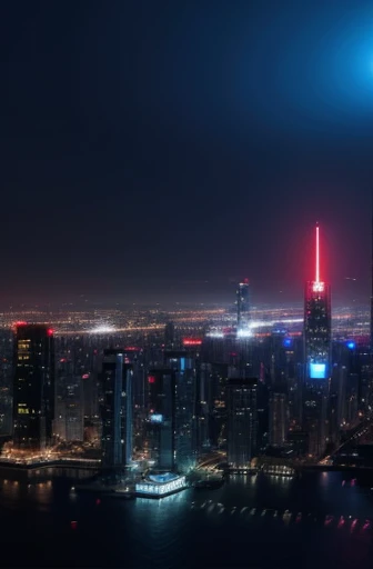 A futuristic city with red lights on a blue background、