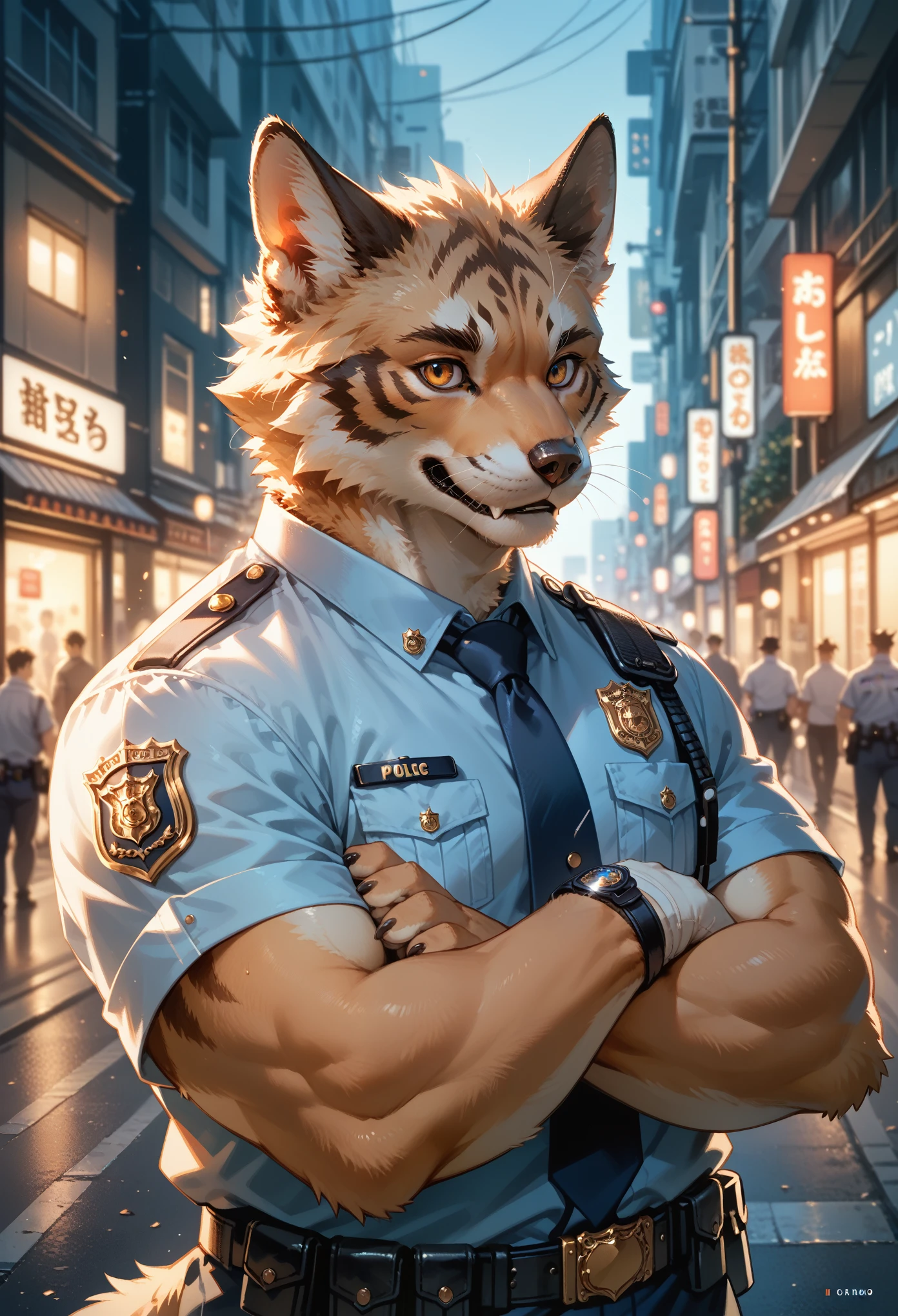 rating_safe, score_9, score_8_up, score_7_up, score_6_up, score_5_up, score_4_up, hires, cover page, absurdres, perfect anatomy(kemono, furry anthro, handsome boy)police officer, street, good lighting, cinematic shadow,