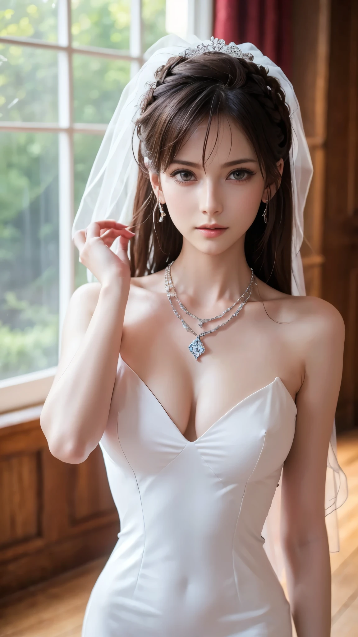 ((Best Quality、8k、masterpiece:1.3)),  Sharp focus:1.5, Beautiful woman with perfect figure:1.4, Slim abs:1.1, ((Black Hair、Long Hair))，Highly detailed face and skin textures, Double eyelids,(((Bodycon Dress))),Poses that accentuate the chest, , (Very large breasts),  whole body, Most detailed, Written boundary depth, Beautifully detailed whole body, Thin legs, Age 25,  Spiked Hair,  Delicate arms and hands, Pale skin, ((Diamond Necklaces))，please､((Wedding Rings))､Colorful background, HD Backgrounds, Blurred Background, Very delicate and beautiful,  (((Trendy hairstyles))), (Inside the room,Stylish interior,window),