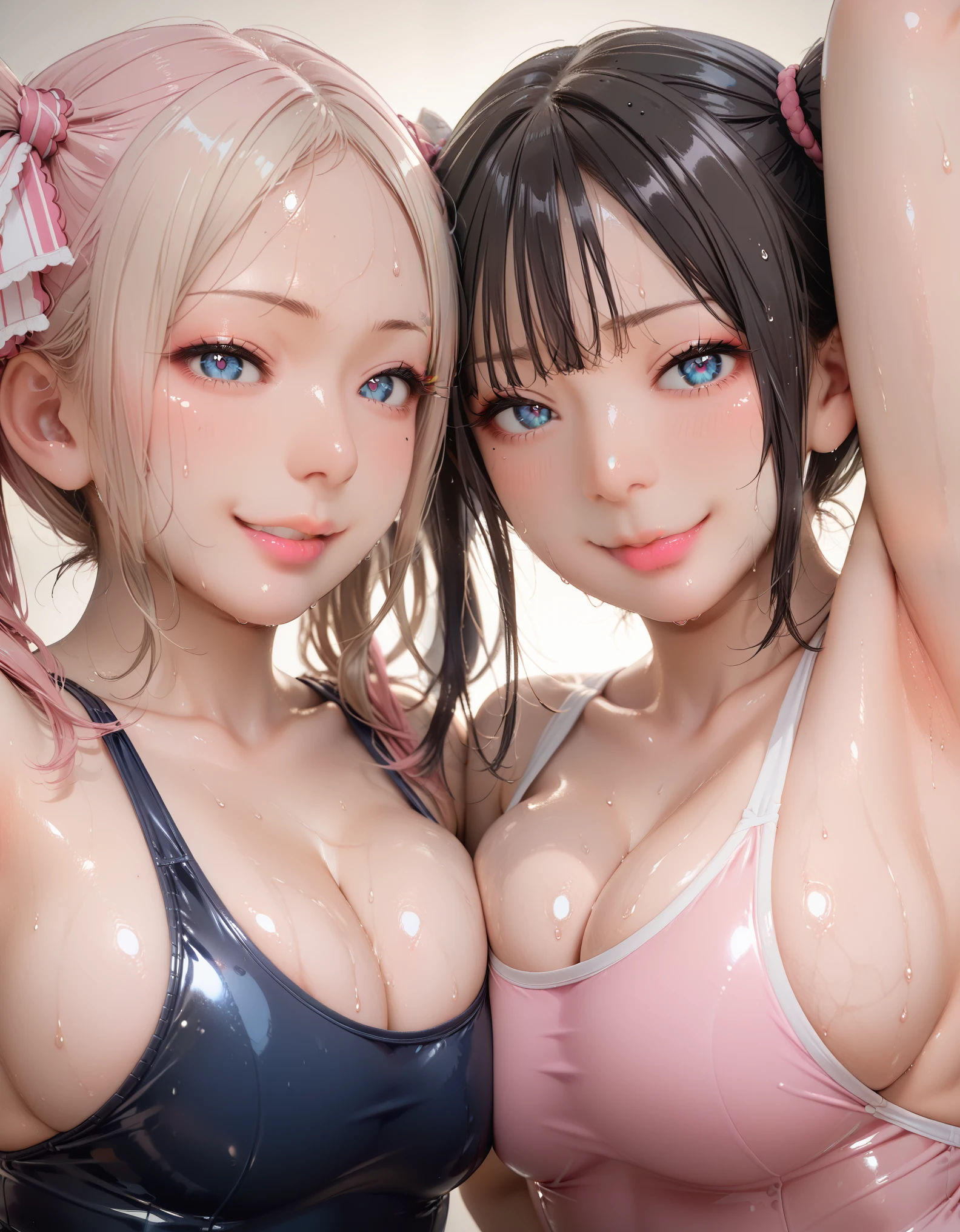 (Highest quality, 8k, 32K, masterpiece, Ultra-high resolution:1.2), makeup, Eyeshadow, (((Pink Lips))),  (((2 Girls))), Improve, Multiple Girls, (((school swimsuit))), Asymmetric docking, Simple Background, (Breast Press), Choose, close-up, (((smug))),Shiny clothes,(((latex))),(blush)、saliva,double twintail hair、side spiral curls、(beatrice),breast focus,Looking at viewer,black hair,(((steam))),(((arm pits))),((arms up)),(half closed eyes),(((sweat))),(((oily skin))),(((oily body))),(((Shiny skin)))