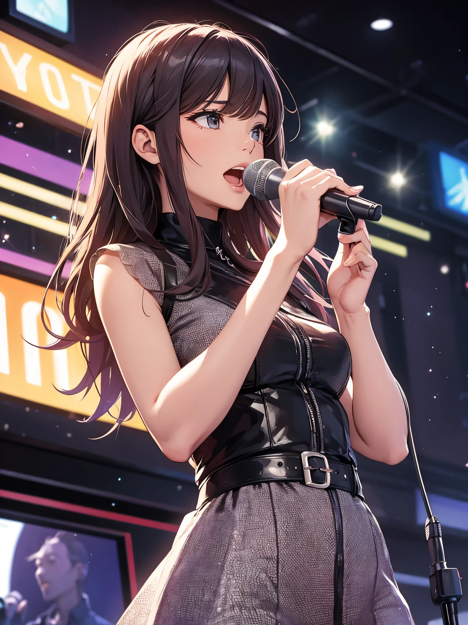 tmasterpiece，best qualityer，A girl licks a microphone，huge tit