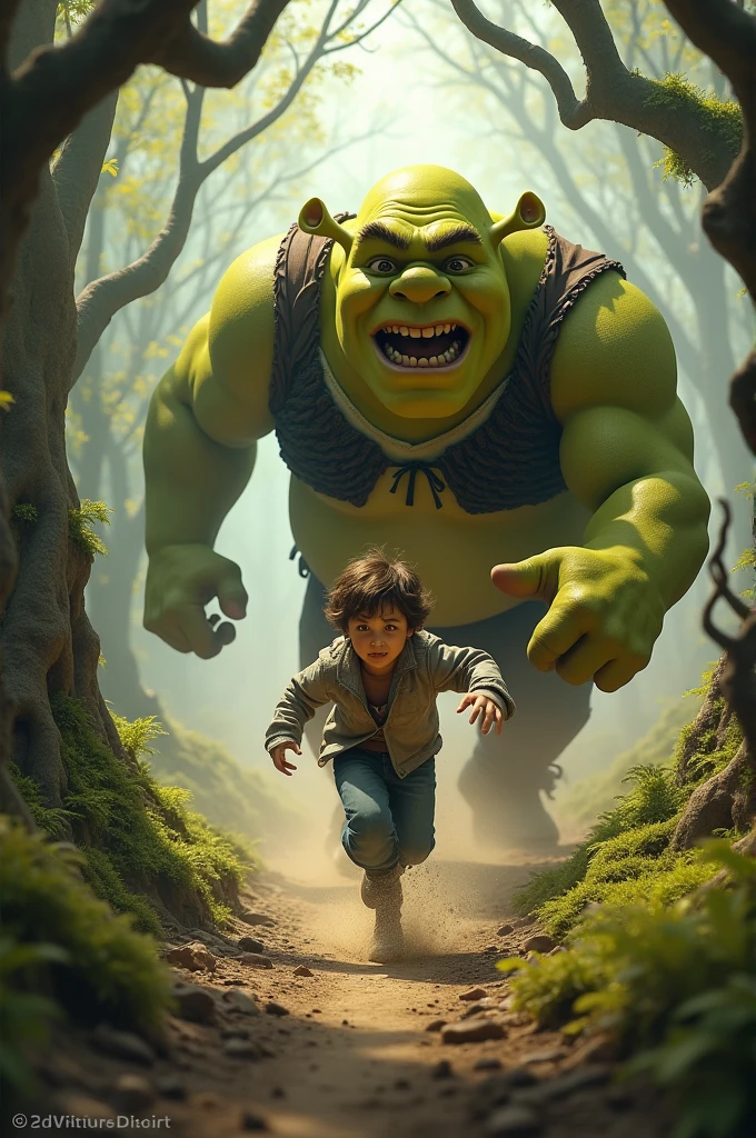 A poor boy scared in a forest, and Shrek behind a tree in a scary way