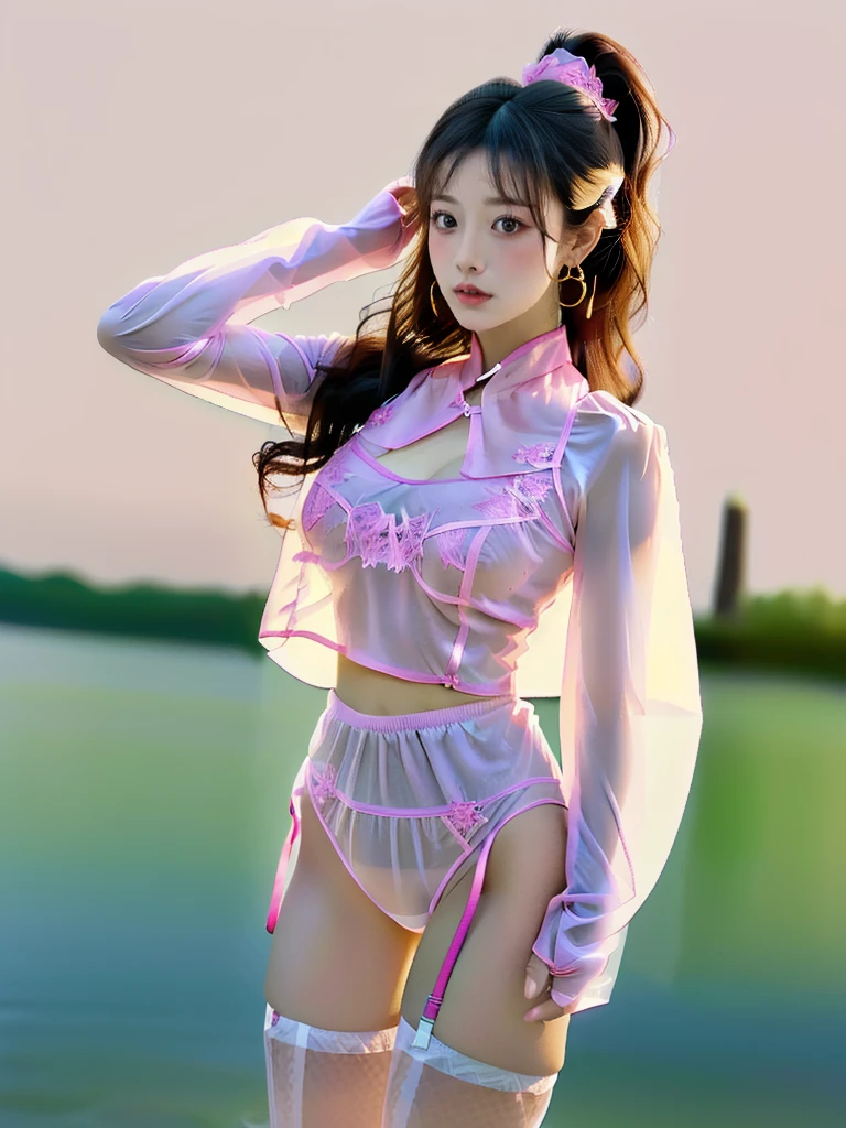 ((A woman)), 美丽脸庞的Sexy中国华裔女明星, 穿着Sexy暴露的透明衣服, (((Light theme, Exposing the subject, Sexy主题)))
((Transparent clothes: 1.5), (Revealing clothes: 1.5),  (Wet clothes:1.0), (Color of clothes: Bright pink), ((Wearing transparent clothing)), ((Irregular transparent clothing)))
(((night, Private hot spring, Surrounded by fog, bamboo forest, Standing in the water, Snow Scene))),
((desktop:1.0), (:1.4), (high resolution:1.2), (Reality:1.4))
((8K Ultra HD, 8K, 超high resolution, Best quality, Super Fine, Clear focus. Masterpieces, complete pattern, Ultra HD, Detailed photos, Best image quality，Ultra-clear，Delicate facial features，Well-defined, Highly rated works, Close-up depth of field photography, Above the knee, Symmetrical character)), 
((Creating the image of a real girl), Realistic shadows, Soft lighting, Dynamic Angle, Dynamic poses, Elegant Posture, Cowboy lens, Full body front view, Be confident, Facing the camera, Eyes looking towards camera lens, Standing posture, Open your legs slightly, Golden Ratio Graphics, Minimalism, Center the character), 
( Smile, Sexy的, Balanced Eyes, Realistic eyes, Beautiful details of the eyes,Pretty Face, (Realistic face), Normal facial features, Realistic skin, Pay attention to skin details, Skin is clean and radiant, Whitening, Anatomically correct body, Golden ratio figure, Sexy的身材), 
(Perfect makeup, Gloves, earrings, bracelet, necklace, Jewelry, Hair accessories, shawl, sock, Knee socks, 吊garter, Leg ring, garter, 腿部garter), 
((beautiful hair), Dark black hair, Wavy curly hairstyle, Waist-length hair, Messy Hairstyle, Gradient hairstyles, Cyberpunk Hairstyle, High double ponytail hairstyle), 
(Sexy的, Perfect breast shape, Teardrop chest shape, Snow-white breasts, Very detailed breasts, 34C cup), 
(Super high waist, Deep V, Low-cut, Sexy, Flattering, Open crotch, (Clear camel toe, (High fork strangulation))),
(((Clear outline, Clear underwear, 透明Sexy的穿着)))