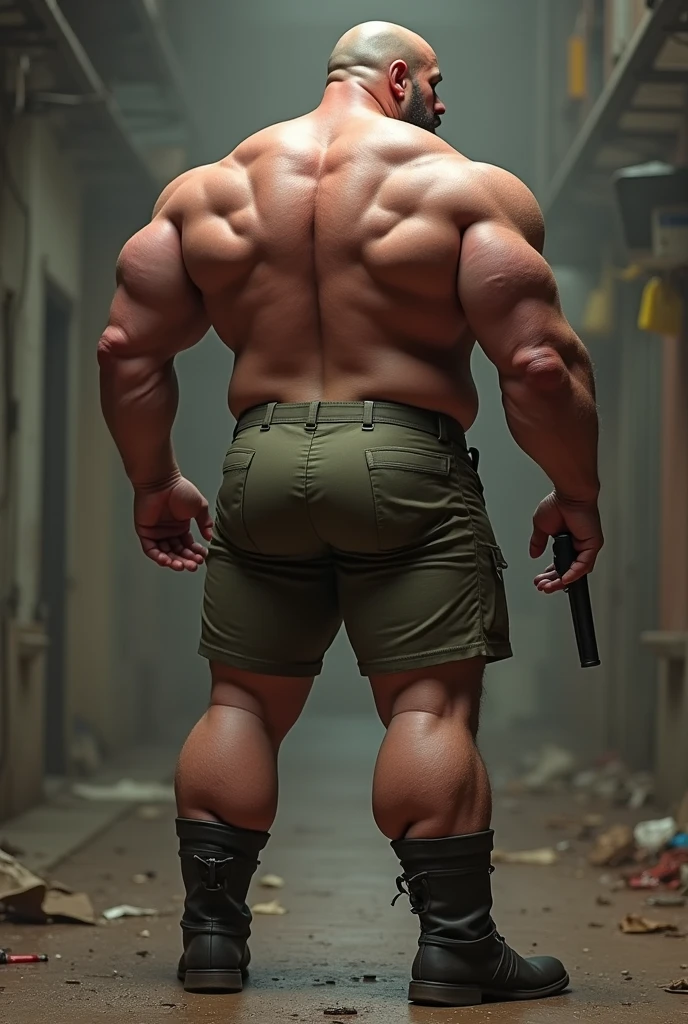(Foto RAW de whole body), (moreno) ( man back) (very masculine body) ( ass) rker) ( dirty skin) (show your ass) (T-rt with holes and stains.) esta en la obra llevan ropa de Workers) )(Cracked cement floor), ), (8k hd), (DSLR), (natural lighting), (high quality), (film grain), (Fujifilm XT3), (whole body), (back view).
