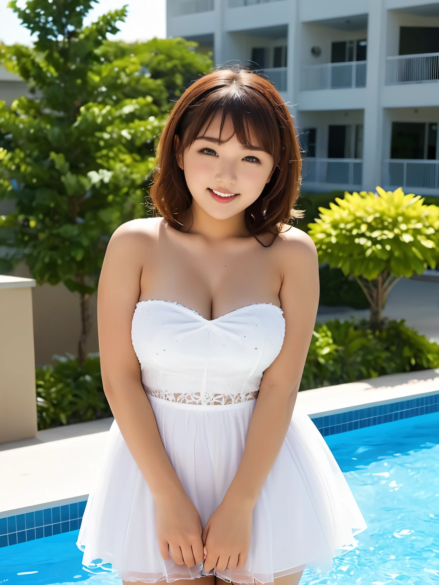 High resolution,Best Quality ,((Ai Shinozaki)),Japanese women, (close:2), (Natural Light) ,  (Wedding Dresses),(Dynamic pose) (See-through curtains), Pool, tree,Hotel City,smile,mini skirt、Nipples are visible