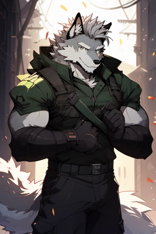 An Upper Torso Body And Right Side Body Picture of A Very Muscular Furry style Gray Wolf. he is wearing Full Long Dark Green Soldier military Suit outfit. He is looking at the viewer. The background is only solid white. nothing but just white. His hair is spikey and messy. He have A gray hair. He have a little smile with blushes on his face in shyness. He have a very long tail. he have gray eyes. his both hand are gripping together in front of his crotch. he is standing in the background.