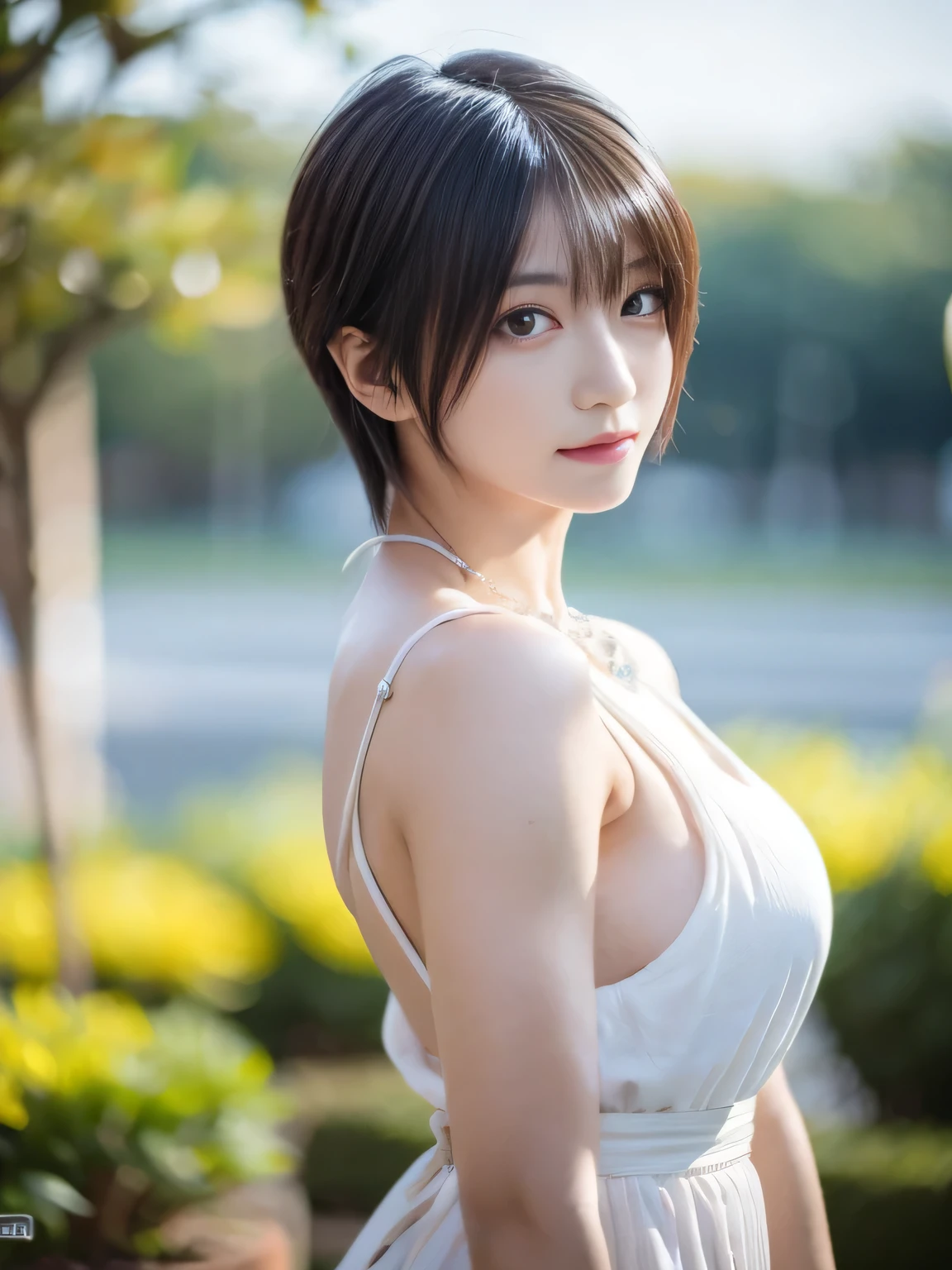 20 year old Japanese beauty，One woman、Muscular body like a bodybuilder、Emphasize the breasts、Slit eyes、A head-to-toe view，Bust is very very large、The background is a bed、High quality photos、Clear, crisp images of the lower body、Masterpiece 8k、From the front, from the side, from the back, etc.々from what camera angle to shoot、Shy、Dragon Quest III female priest cosplay、Wearing a diamond necklace、I have blonde hair