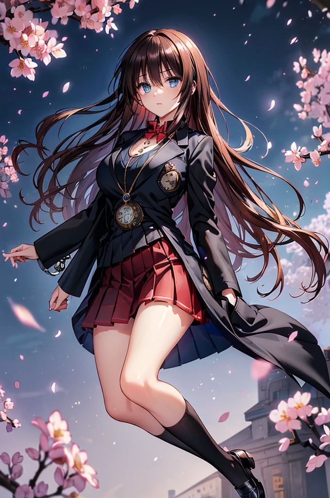 ((Blue slant eyes:1.3)),((Black coat:1.3)),Beautiful and cute 1 girl,(16k,Ultra-high resolution,Best Quality,masterpiece,Very detailed,Extremely clear CG),(Beautiful glossy brown hair:1.3)),A park with cherry blossom petals falling in the air late at night,Cherry tree and full moon,Very detailed顔の特徴, Beautiful and perfect face,Anatomically correct body,Perfect Eyes,((Huge pocket watch:1.3)),((Dress shirt:1.3)),((Red pleated skirt:1.3)),((Black blazer:1.3)),uniform,loafers,((Black knee-high socks:1.3))