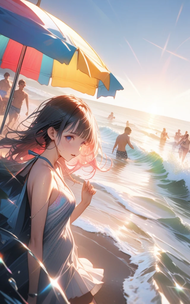 {best quality}, {very aesthetic}, {ultra-detailed}, {8k}, {Super elaborate face}, {Super-smart body}, {best illustration}, swim under the sea, In the water, A woman playing with dolphins on the ocean floor in midsummer, Ocean floor at dusk, smile, Super-detailed dolphin, 夕日が刺し込むIn the water,