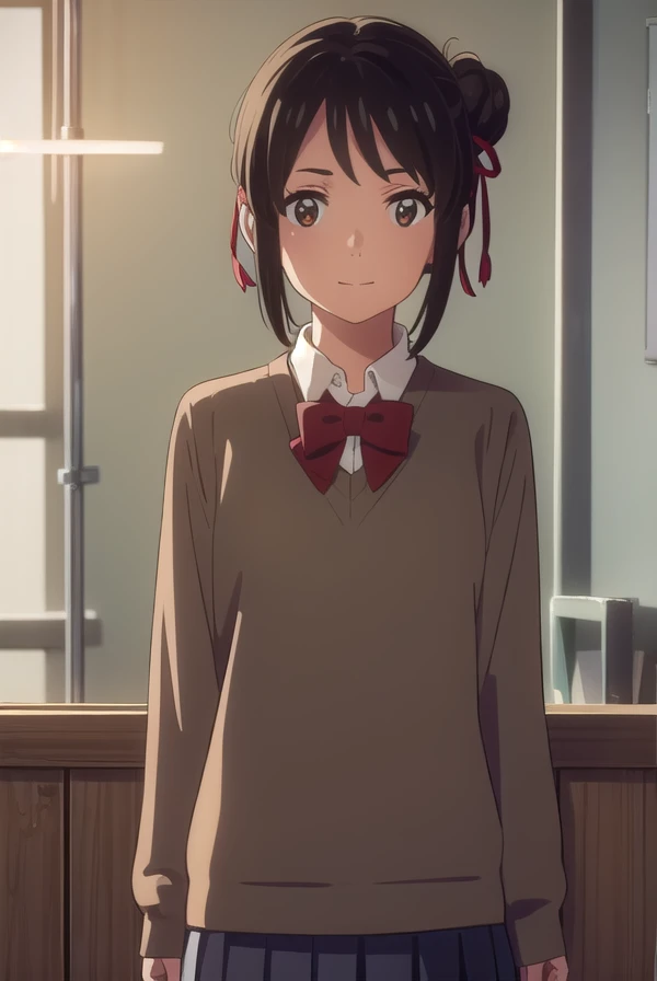 mitsuhamiyamizu, mitsuha miyamizu, black hair, (brown eyes:1.5), smile,
BREAK short hair, bow, ribbon, hair bun, school uniform, hair ribbon, bowtie, red ribbon, sweater vest, (light brown sweater:1.5), shirt, white shirt, collared shirt, long sleeves, skirt, black skirt, pleated skirt,
BREAK indoors, classroom,
BREAK looking at viewer, (cowboy shot:1.5),
BREAK (masterpiece:1.2), best quality, high resolution, unity 8k wallpaper, (illustration:0.8), (beautiful detailed eyes:1.6), extremely detailed face, perfect lighting, extremely detailed CG, (perfect hands, perfect anatomy),