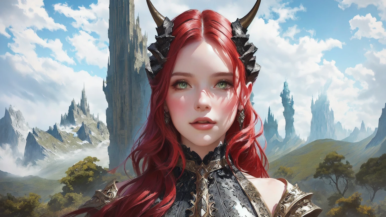 There is a woman with horns and in a dress standing in front of the mountain, portrait concept art fantasy, fantasy portrait, Portrait of a fantasy character, epic fantasy style hd, castle background, gothic background, hell background, fantasy portrait, epic fantasy portrait, Epic fantasy digital art style, detailed matte fantasy portrait, fantasy portrait, realistic fantasy illustration, fantasy style, super detailed fantasy character, Portrait of a fantasy character