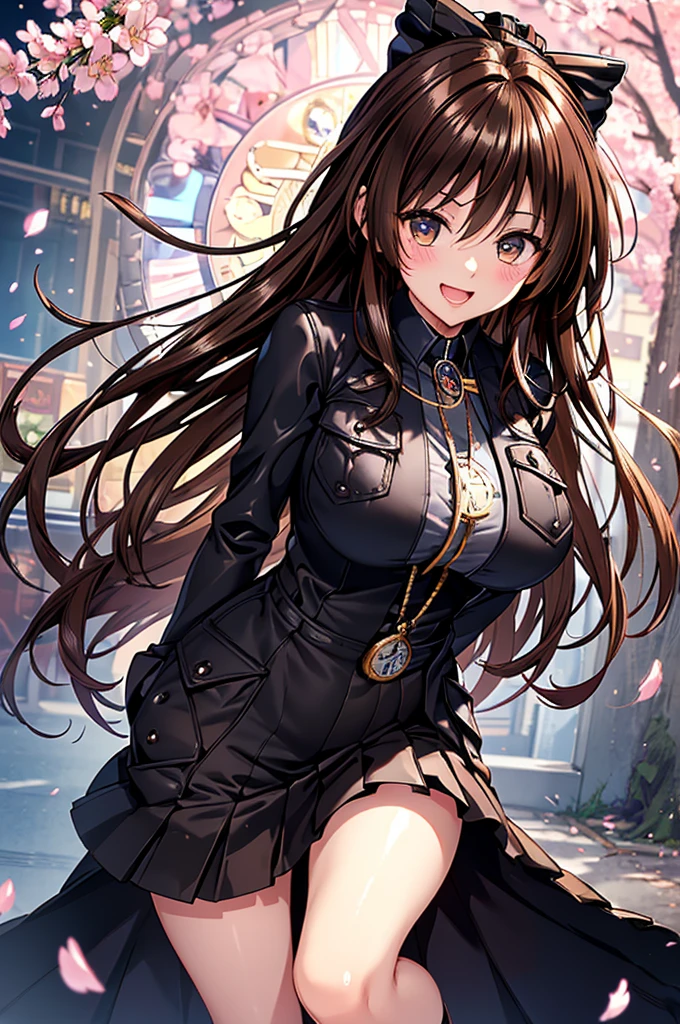 slant eyes,A beautiful and cute 1 girl wearing a black coat,(16k,Ultra-high resolution,Best Quality,masterpiece,Very detailed,Extremely clear CG),((Beautiful glossy brown hair:1.3)),A park with cherry blossom petals falling in the air late at night,Cherry tree and full moon,Very detailed顔の特徴, Beautiful and perfect face,Anatomically correct body,Perfect Eyes,((Huge pocket watch:1.3)),Dress shirt,Red pleated skirt,Black blazer,uniform,((Beam with laughter:1.3)),Laughing with your mouth open