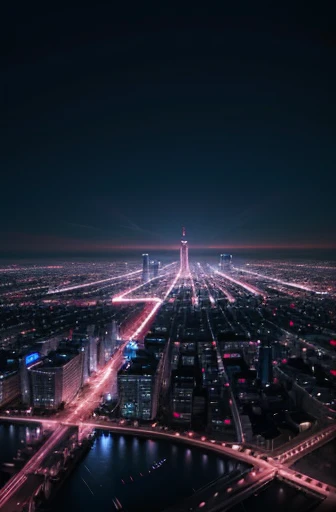 Future city with red lights on a blue background、The huge buildings are scattered like a maze.、It&#39;s too high to see the rooftop