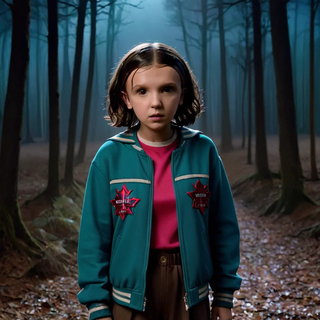 milli3 woman, millie bobby brown, stranger things, eleven, wearing damaged clothing, front view, in a dark forest, at night