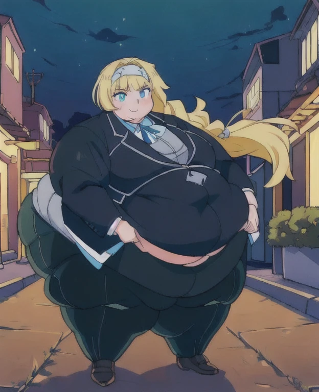 1girl, ((((bottom heavy figure)))), plump, incredibly plump, (((big belly))), pout, embarassed, wide, (((obese))), (((fat))), ((love handles)), double chin, out of shape, obese, fatty, (((flat chest))), tall woman, (milf), big height, mature, standing, full body, bbw, ssbbw,, Hyasaka Ai, blonde hair, blue eyes, very long hair, pleated skirt, white shirt, blue skirt