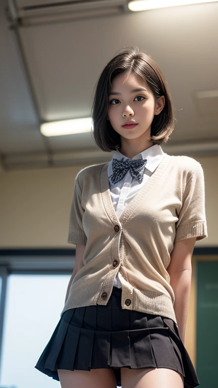 (realistic, photo-realistic:1.4), (best quality, masterpiece:1.2), RAW photo, high resolution, intricate details, extremely detailed, insanely detailed, incredibly detailed, finely detailed, looking at the camera, full body, frontal photography, solo, a 30 years old Japanese female idol, tall woman, (standing with spread legs wide:1.2), (smaller breasts, tiny breasts, flat chest, poor size bust:1.5), smaller face, slim, thin, slender, detailed face, detailed eyes, pale skin, (sleeveless v-neck sweater, beige sweater, short-sleeves shirt, collared shirt, white shirt, plaid skirt, green skirt, tokiwadai school uniform:1.4), loafer, 
(peeing self, urination, pee puddle, desperate pose for peeing:1.6),(ashamed, humiliation, desperation, open mouth:1.2), 
photo background, indoors, hallway outside classroom, high school, daytime,,,[The God Tongue]
