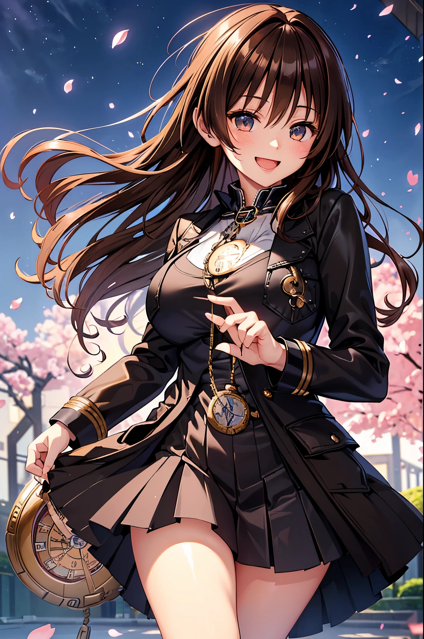 slant eyes,A beautiful and cute 1 girl wearing a black coat,(16k,Ultra-high resolution,Best Quality,masterpiece,Very detailed,Extremely clear CG),((Beautiful glossy brown hair:1.3)),A park with cherry blossom petals falling in the air late at night,Cherry tree and full moon,Very detailed顔の特徴, Beautiful and perfect face,Anatomically correct body,Perfect Eyes,((Huge pocket watch:1.3)),Dress shirt,Red pleated skirt,Black blazer,uniform,((Beam with laughter:1.3)),Laughing with your mouth open